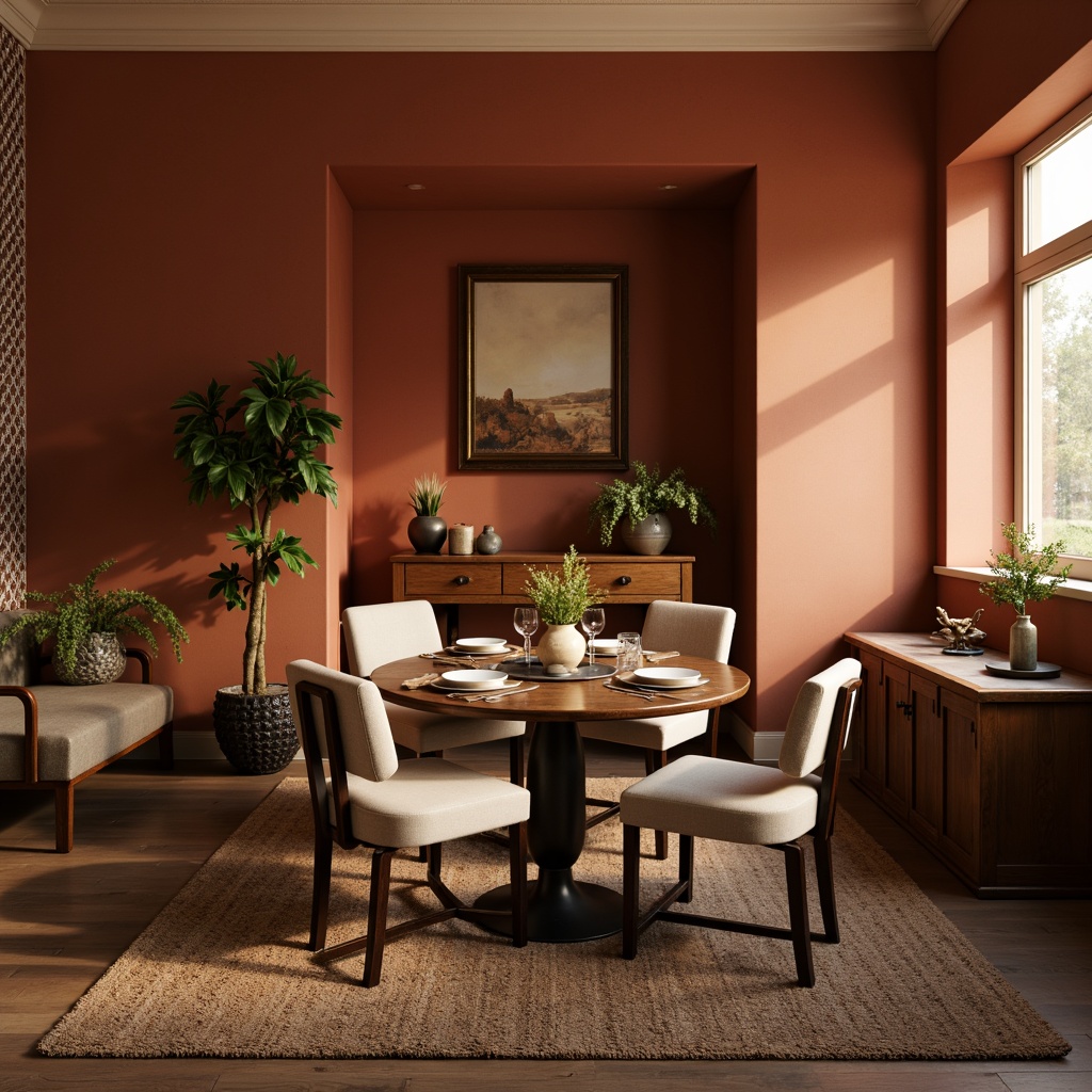 Prompt: Warm inviting dining room, earthy terracotta walls, rich walnut wood furniture, soft golden lighting, plush beige upholstery, vintage metal accents, natural fiber rugs, elegant candle centerpieces, refreshing greenery, calming ambient atmosphere, warm cozy textiles, subtle patterned wallpaper, creamy white trim, gentle shadows, 1/1 composition, shallow depth of field, realistic materials.