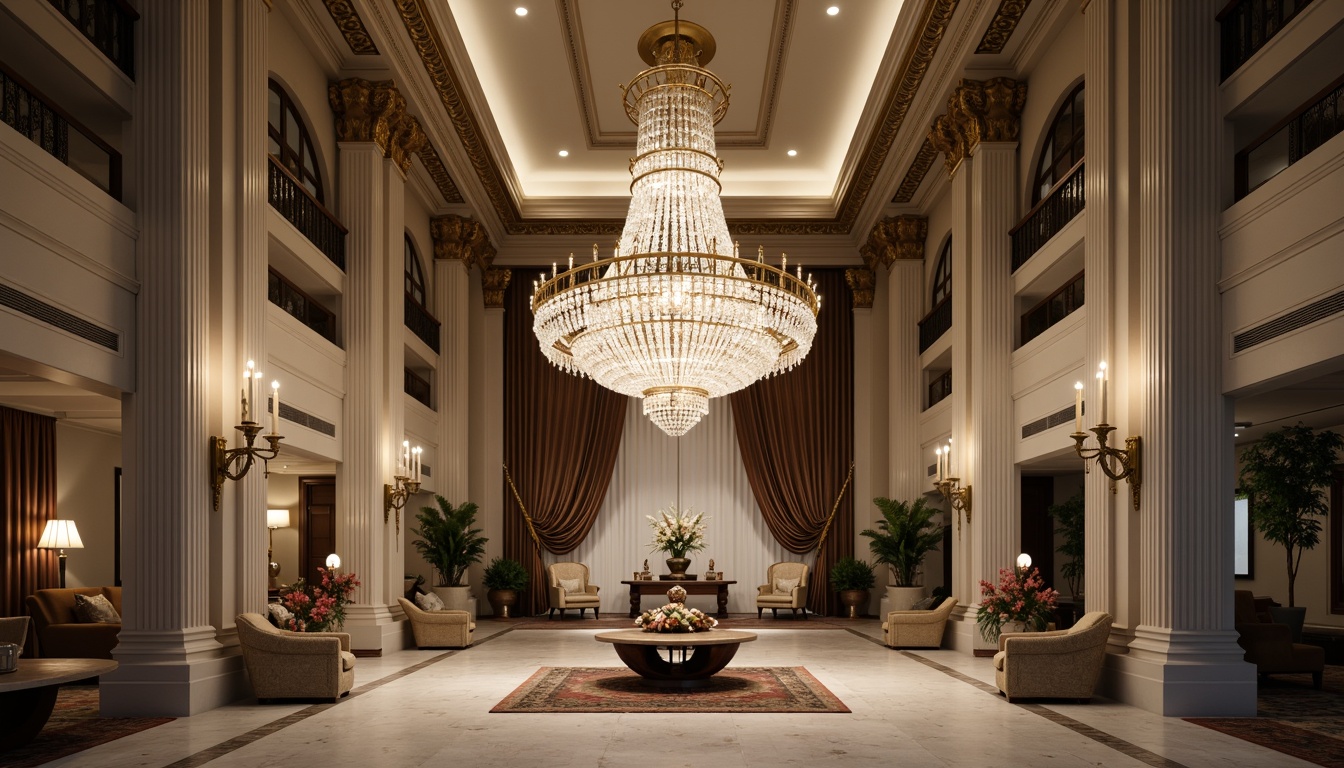 Prompt: Grand chandelier, crystal droplets, ornate metalwork, symmetrical composition, high ceilings, marble floors, classic columns, neutral color palette, soft warm glow, subtle shading, dramatic spotlighting, ornamental sconces, delicate filigree, opulent drapery, lavish furnishings, stately architecture, majestic interior, refined elegance, sophisticated ambiance, 1/2 composition, shallow depth of field, realistic textures, ambient occlusion.