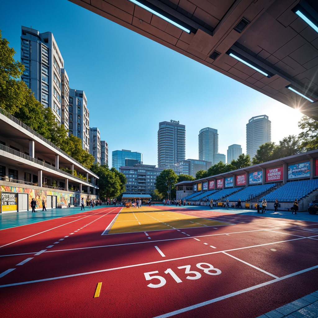 Prompt: Vibrant athletic track, dynamic lines, bold typography, neon lights, energetic color scheme, bright citrus hues, deep blues, electric yellows, gradient effects, futuristic architecture, sleek metal railings, modern stadium seating, motivational quotes, inspirational murals, urban cityscape, sunny day, high-contrast lighting, shallow depth of field, 2/3 composition, cinematic camera angles, realistic textures, ambient occlusion.