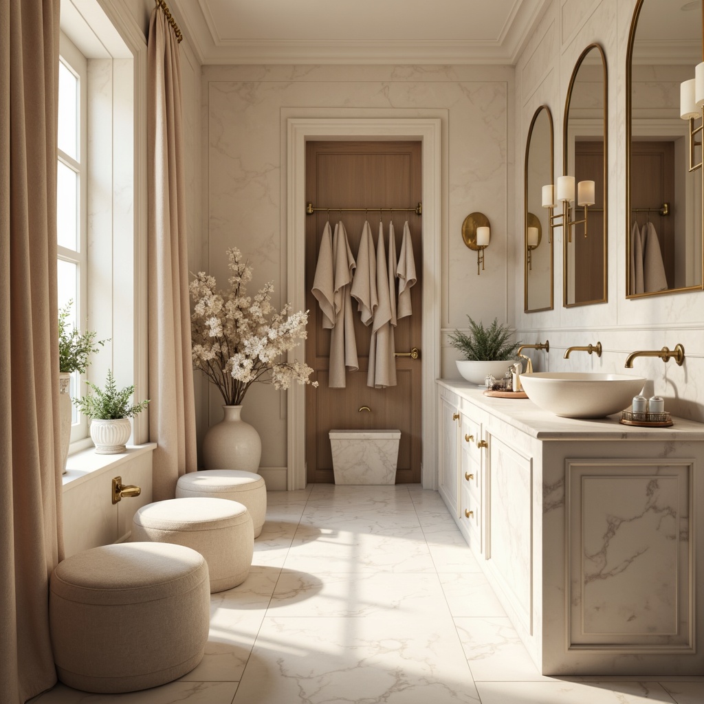 Prompt: Soft powdery hues, calming ambiance, elegant marble countertops, ornate gold fixtures, plush velvet fabrics, warm beige tones, creamy whites, subtle sheen, luxurious feel, intimate space, softbox lighting, shallow depth of field, 1/2 composition, realistic textures, ambient occlusion.