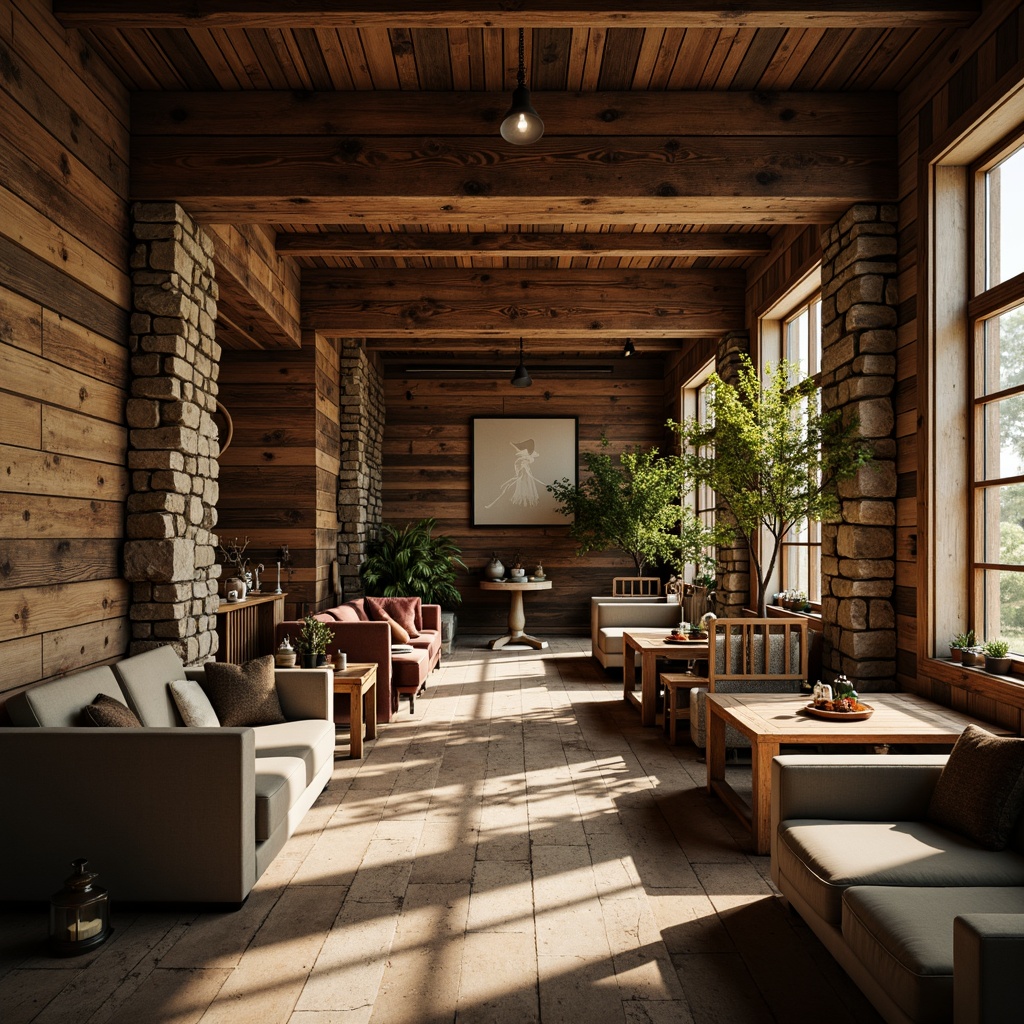 Prompt: Rustic student hall, wooden plank walls, distressed finishes, earthy tones, stone accents, brick textures, natural materials, vintage furniture, cozy atmosphere, warm lighting, soft shadows, shallow depth of field, 1/2 composition, realistic render, ambient occlusion, relaxed mood, intimate spaces, communal areas, social hub, eclectic decor, bohemian vibe.