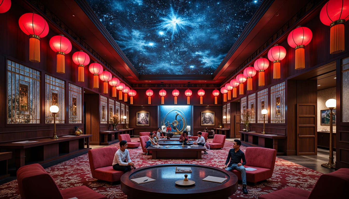 Prompt: Intricate Oriental patterns, luxurious silk fabrics, vibrant red lanterns, golden accents, dark wood paneling, celestial starry night sky projections, immersive dome-shaped ceiling, comfortable velvet seating, futuristic astronomy equipment, interactive exhibits, holographic displays, ambient soft lighting, shallow depth of field, 1/1 composition, realistic textures, subtle animations.