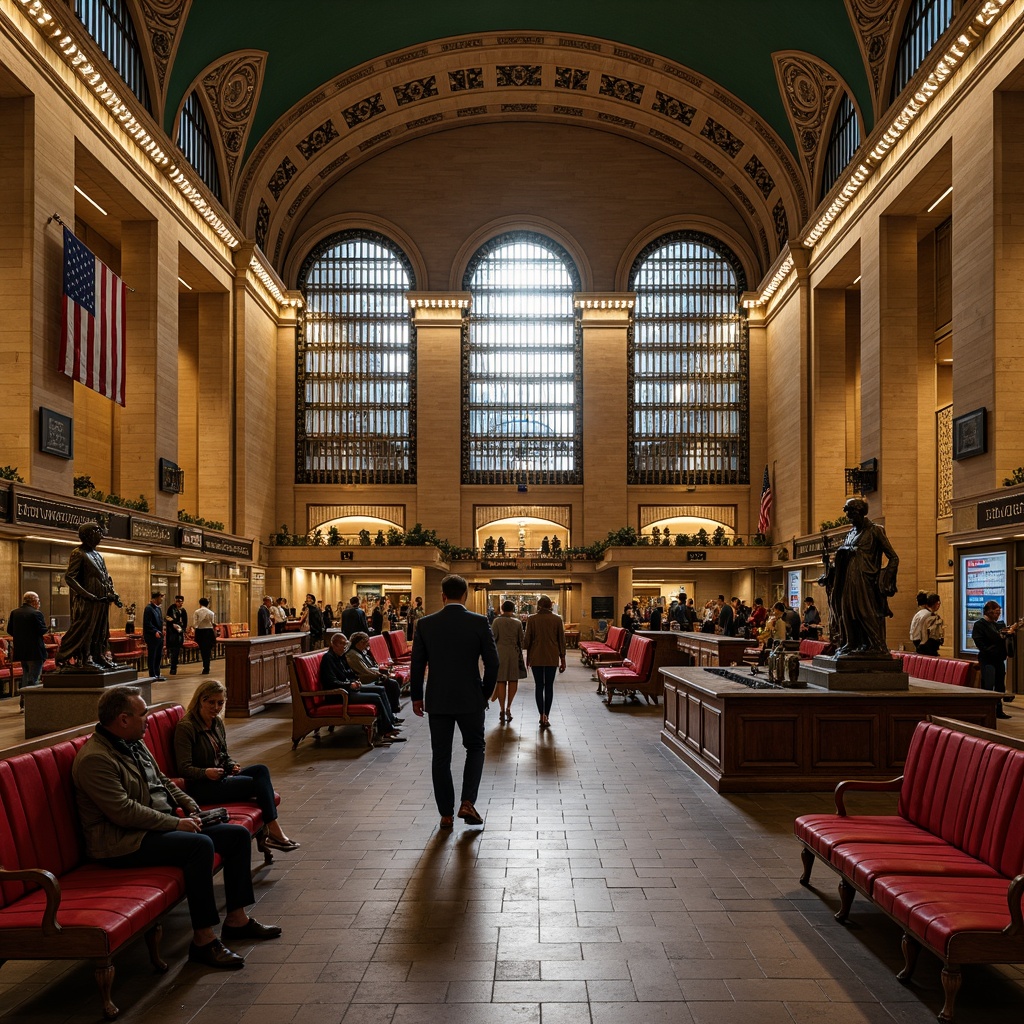 Prompt: Intricate metalwork benches, ornate wooden panels, curved lines, flowing organic forms, grand high ceilings, elegant chandeliers, stained glass windows, mosaic tile floors, luxurious velvet upholstery, bronze statues, marble countertops, subway tiles, urban ambiance, busy commuters, morning rush hour, soft warm lighting, 1/2 composition, atmospheric perspective, detailed textures, realistic reflections.