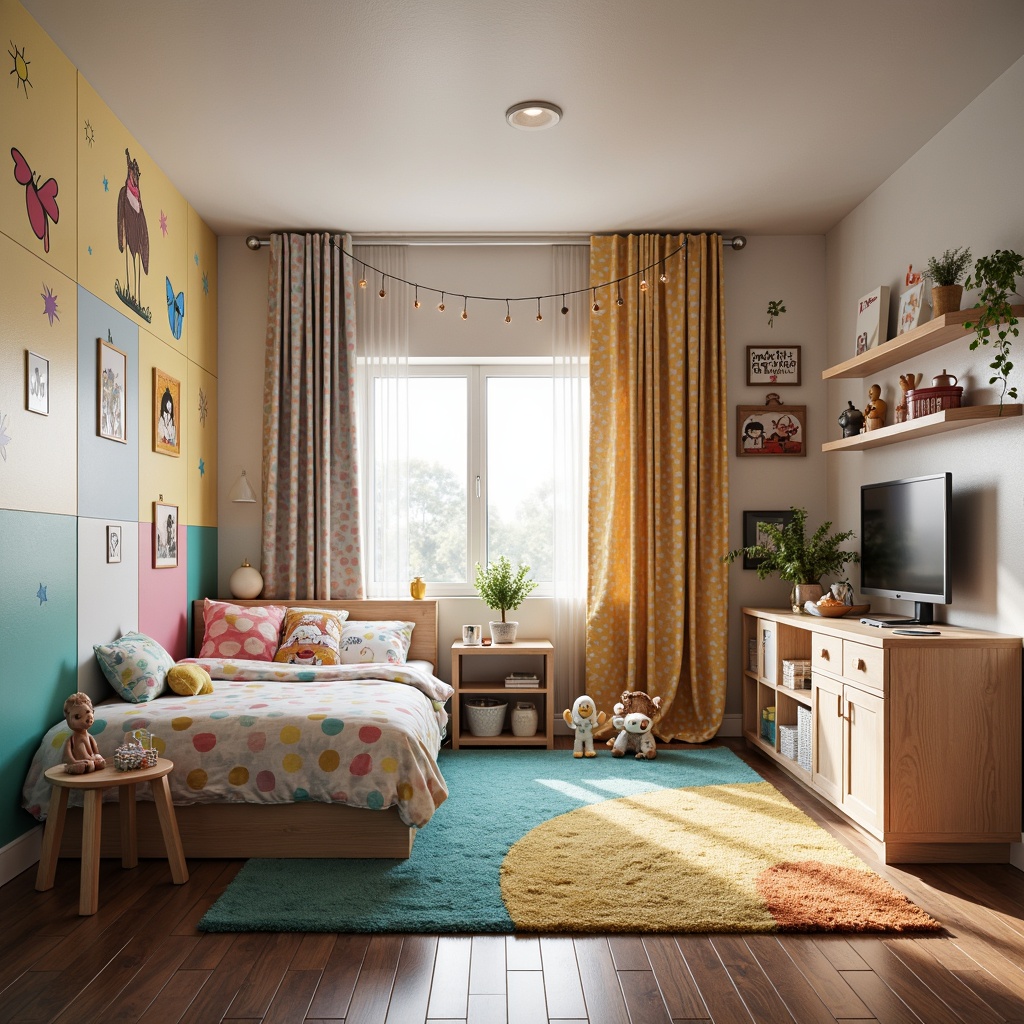 Prompt: Vibrant kids' bedroom, whimsical wall decals, colorful polka-dot curtains, plush area rugs, toy storage bins, kid-friendly furniture, soft pastel hues, natural wood accents, playful string lights, lively cartoon characters, creative shelving units, interactive chalkboard walls, fun geometric patterns, cozy reading nooks, warm task lighting, shallow depth of field, 1/2 composition, soft focus effect, realistic textures.