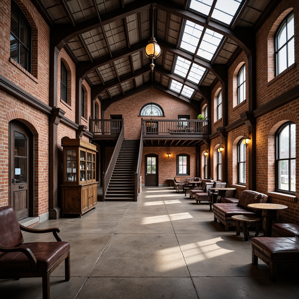 Prompt: Rustic train station, transitional style, industrial heritage, exposed brick walls, metal beams, wooden accents, vintage luggage racks, distressed leather benches, antique clock towers, ornate ironwork, grand staircases, arched windows, soft warm lighting, shallow depth of field, 3/4 composition, panoramic view, realistic textures, ambient occlusion.