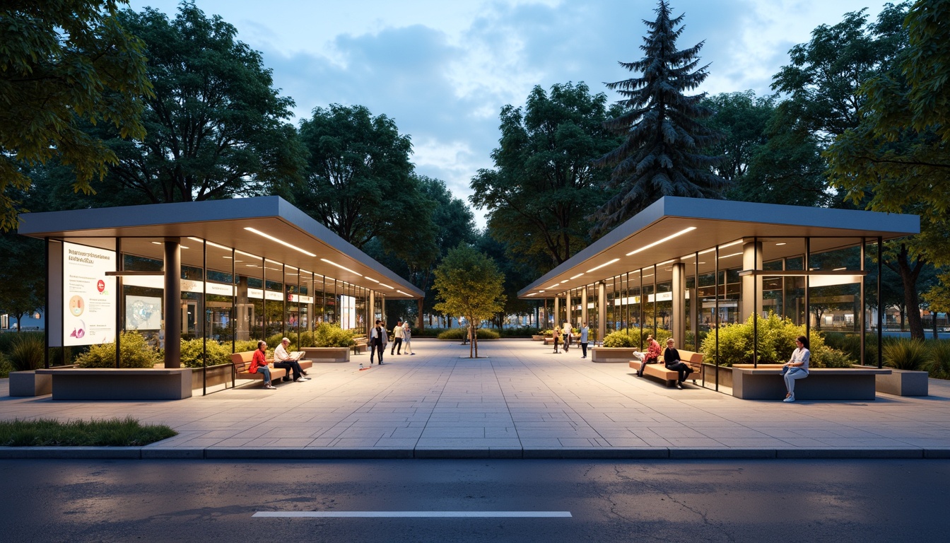 Prompt: Modern bus station, sleek glass fa\u00e7ade, cantilevered rooflines, sustainable energy systems, green roofs, natural ventilation, minimalistic benches, stainless steel handrails, digital information displays, real-time bus tracking, comfortable seating areas, warm color schemes, cozy ambient lighting, shallow depth of field, 3/4 composition, panoramic view, realistic textures, ambient occlusion.