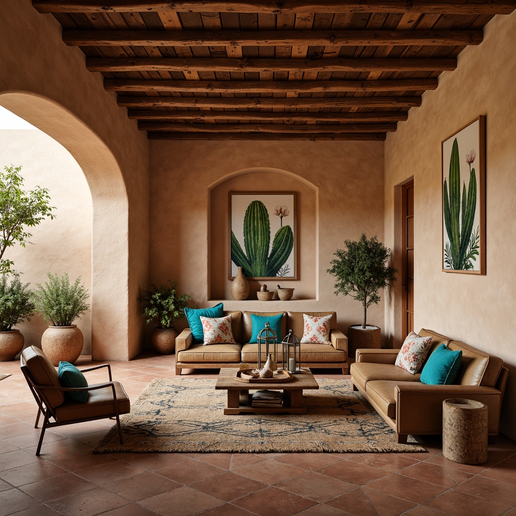 Prompt: Rustic Southwestern interior, earthy tones, terracotta flooring, stucco walls, wooden ceiling beams, vibrant turquoise accents, woven textiles, geometric patterns, plush throw pillows, distressed leather armchairs, reclaimed wood coffee tables, vintage metal lanterns, natural fiber rugs, desert botanical prints, warm golden lighting, shallow depth of field, 1/1 composition, soft focus, realistic textures, ambient occlusion.