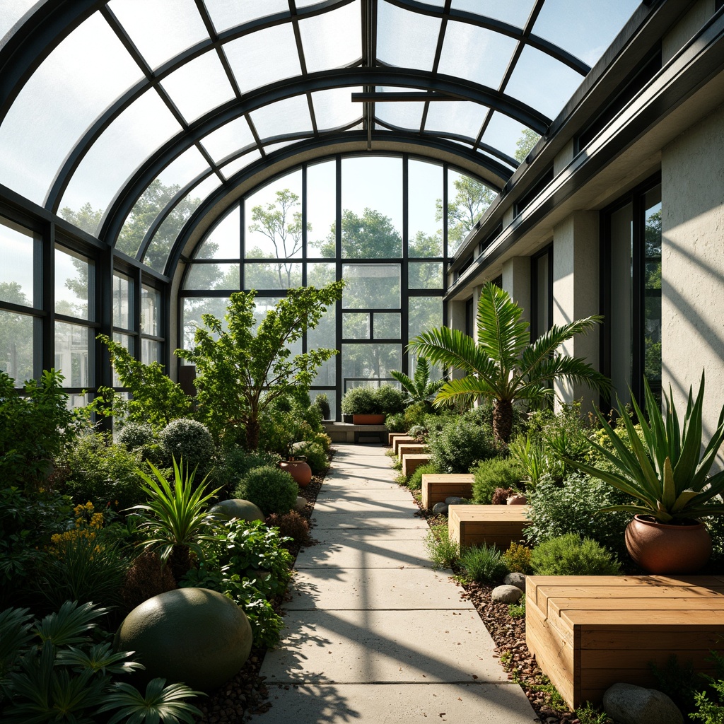 Prompt: Vibrant greenhouses, curved glass roofs, industrial metal frames, lush tropical plants, natural stone pathways, modern minimalist architecture, bright white walls, bold black accents, pop of Bauhaus-inspired green, earthy terracotta tones, warm wooden textures, organic shapes, abundant natural light, soft diffused shadows, 1/1 composition, shallow depth of field, realistic plant renderings.