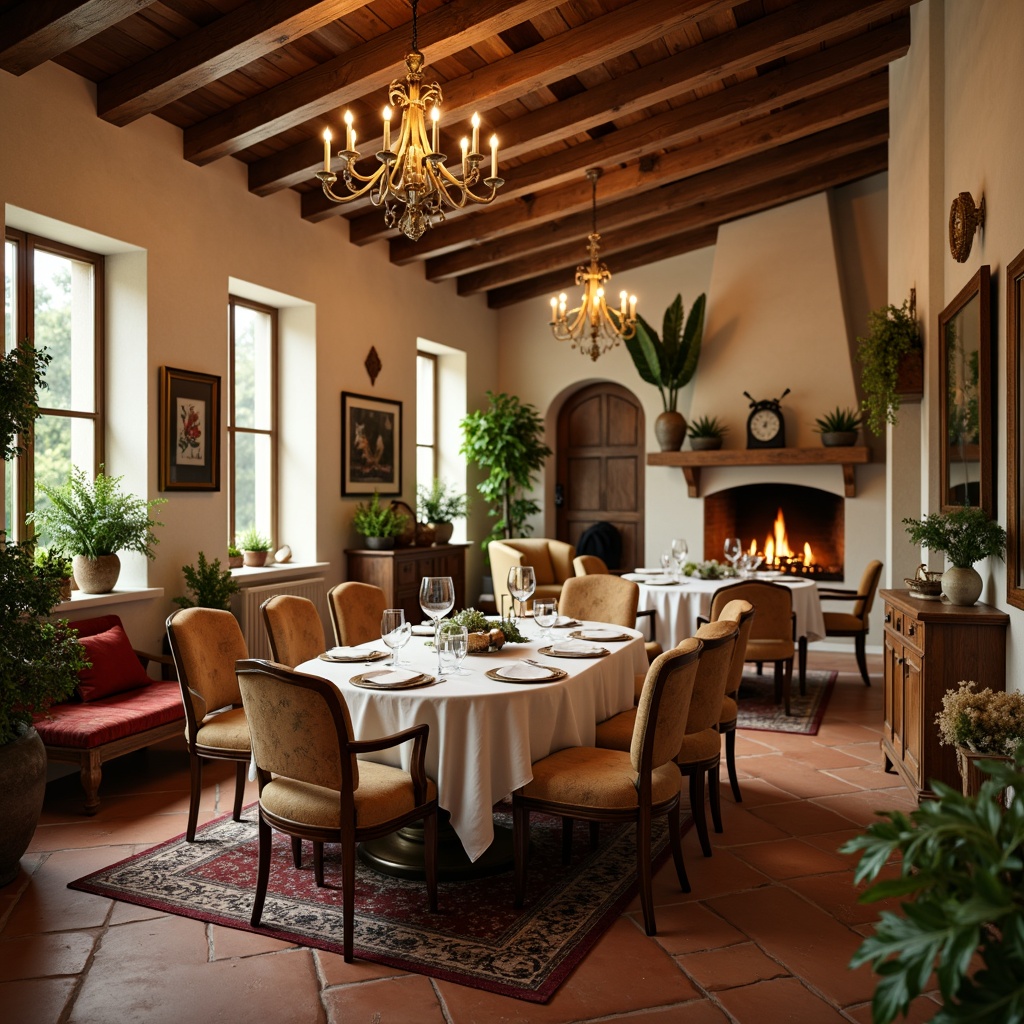 Prompt: Cozy dining room, warm beige walls, rich wood furniture, earthy terracotta floors, soft cream accents, elegant chandeliers, lush greenery, vibrant botanical prints, comfortable velvet upholstery, natural stone fireplaces, rustic wooden beams, intimate candlelight, shallow depth of field, 1/1 composition, realistic textures, ambient occlusion.