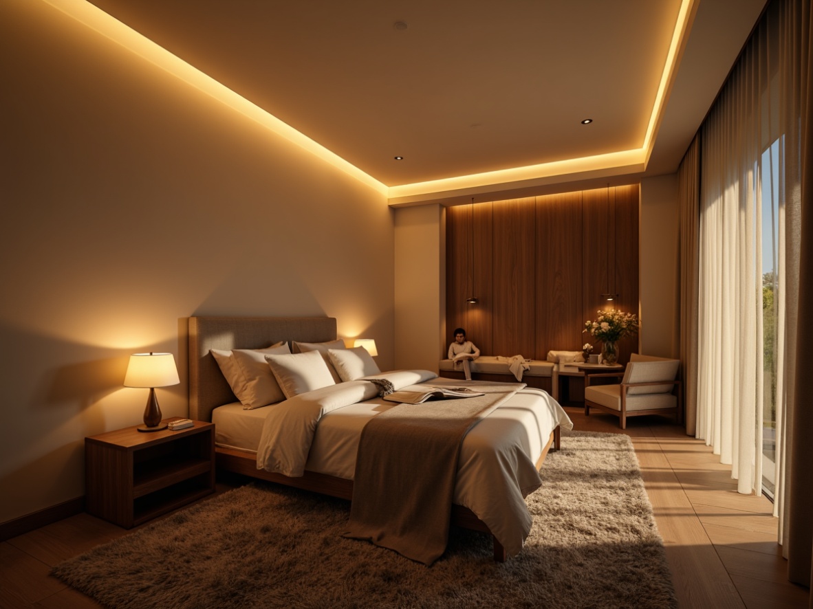 Prompt: Minimalist bedroom, soft warm glow, table lamps, floor lamps, warm beige walls, dark wood furniture, comfortable bedding, plush area rug, calm ambiance, natural light filtering, sheer curtains, romantic dimming, cozy reading nook, accent wall lighting, recessed ceiling lights, LED strip lights, subtle color changing, relaxing atmosphere, serene mood, 1/1 composition, soft focus, warm color temperature.