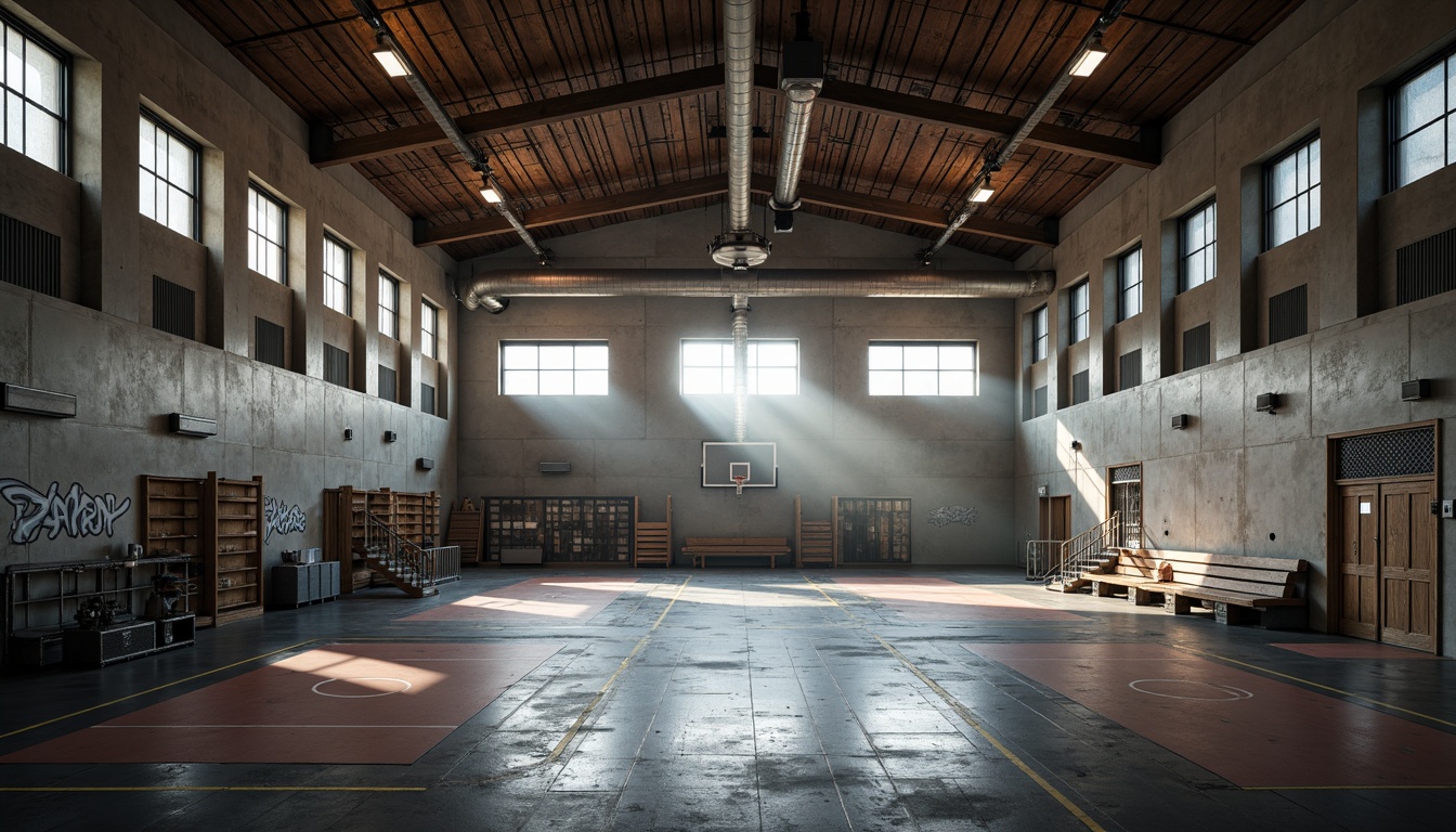 Prompt: Rough-hewn concrete walls, exposed ductwork, industrial steel beams, reclaimed wood accents, brutalist architectural style, rugged gymnasium interior, distressed finishes, raw textures, muted color palette, dramatic overhead lighting, high-ceilinged space, minimalist decor, functional equipment, athletic track lanes, basketball courts, weightlifting areas, wooden bleachers, metal railings, urban graffiti, atmospheric misting, 1/2 composition, low-key lighting, cinematic mood.