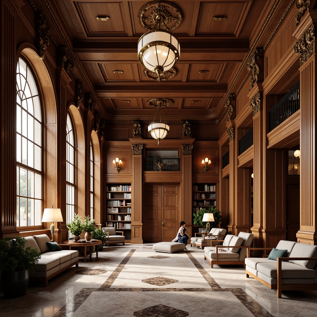 Prompt: Rich wood paneling, ornate moldings, luxurious fabrics, comfortable seating areas, grand reading rooms, high ceilings, elegant chandeliers, classic columns, carved wooden doors, polished marble floors, intricate metalwork, vintage bookshelves, warm neutral color palette, soft diffused lighting, 1/1 composition, intimate atmosphere, realistic textures, ambient occlusion.