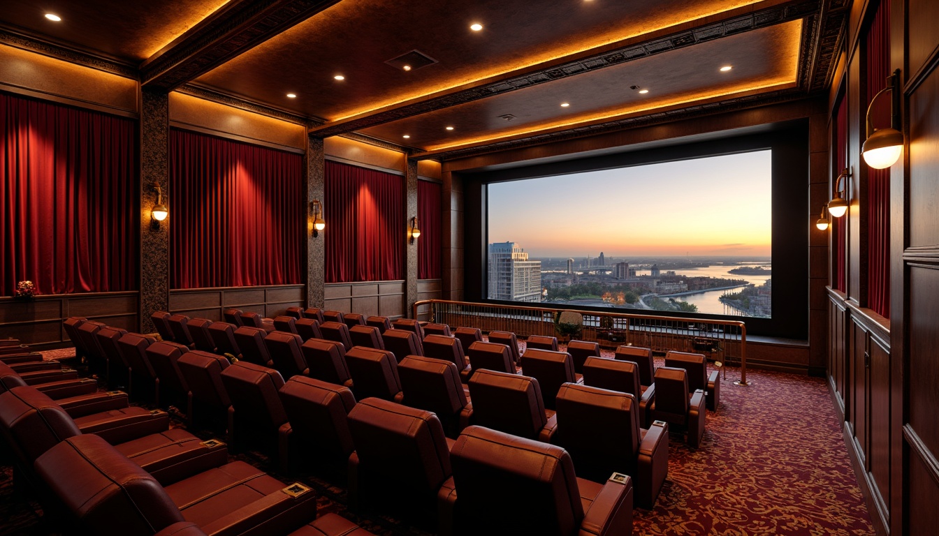 Prompt: Luxurious cinema interior, premium leather seats, velvet curtains, ornate golden details, high-contrast projection screen, immersive audio system, 3D surround sound, stadium-style seating, tiered rows, optimal viewing angles, cinematic ambiance, dimmable LED lighting, rich wood accents, plush carpeting, elegant concession stand, futuristic ticketing system, sleek metal railings, grand entrance lobby, panoramic cityscape views, urban skyscraper surroundings, evening sunset atmosphere, soft warm lighting, shallow depth of field, 1/2 composition.