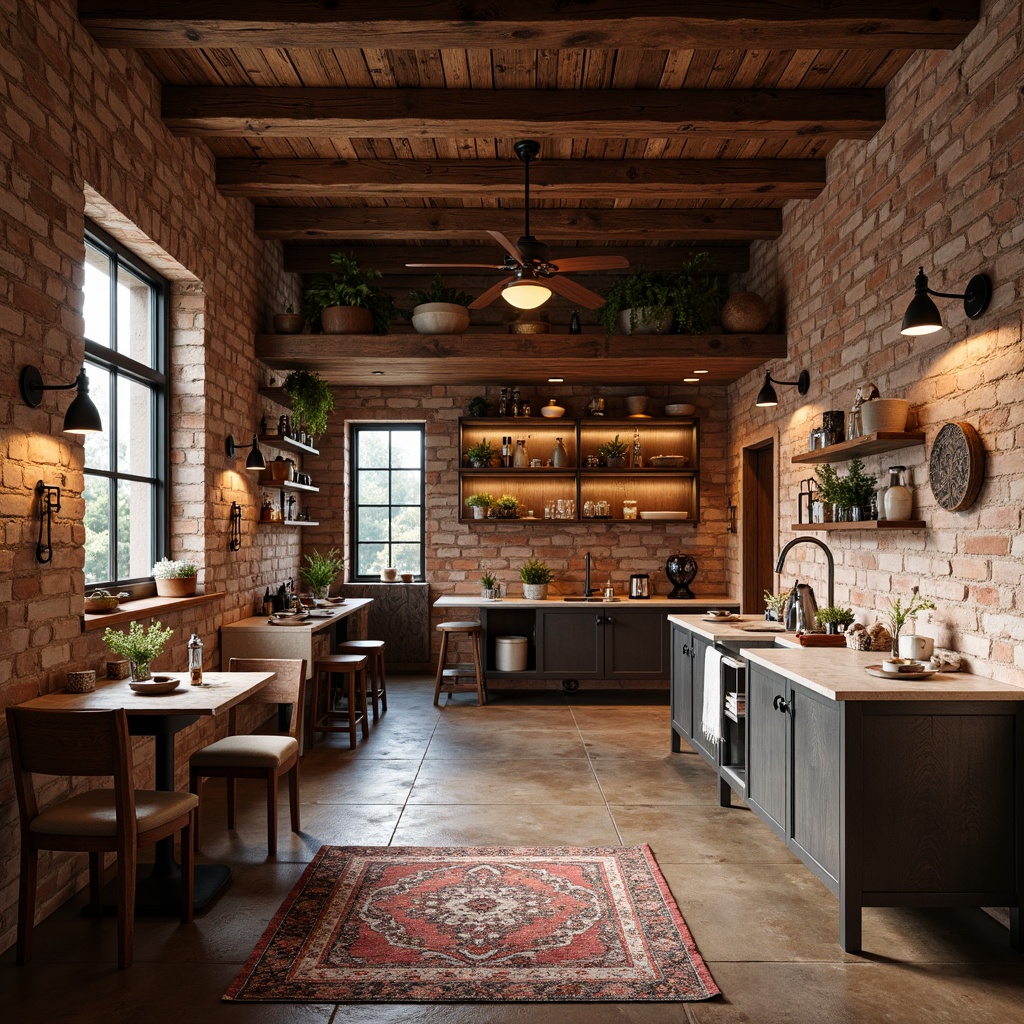 Prompt: Distressed wood accents, rustic metal fixtures, artisanal ceramic tiles, earthy terracotta hues, natural stone walls, reclaimed wooden beams, industrial chic decor, exposed brick textures, eclectic patterned rugs, moody atmospheric lighting, shallow depth of field, 1/2 composition, dramatic shadows, realistic ambient occlusion.