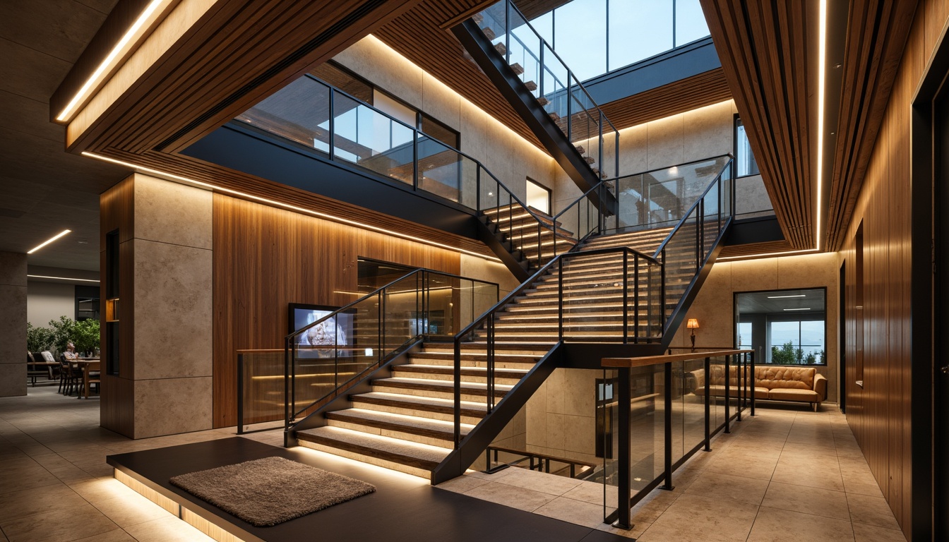 Prompt: Luxurious staircase, sleek metal railings, minimalist design, glass balusters, polished chrome handrails, wooden treads, carpeted steps, LED lighting strips, ambient glow, suspended ceiling lights, open risers, floating stairs, cantilevered landings, industrial chic aesthetic, reclaimed wood accents, exposed concrete walls, modern architecture, natural stone floors, airy atrium, soft warm lighting, shallow depth of field, 3/4 composition, panoramic view, realistic textures, ambient occlusion.