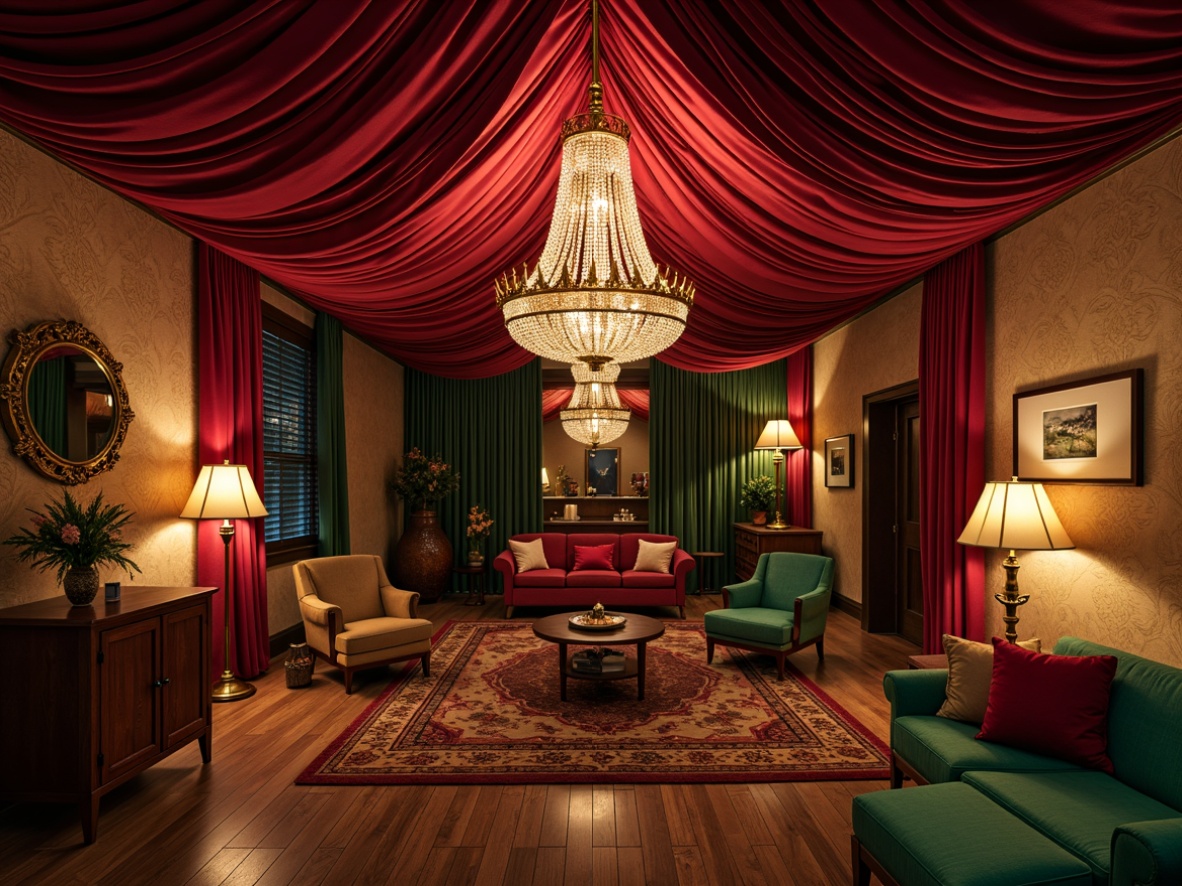 Prompt: Rich velvet drapes, ornate golden accents, lavish crystal chandeliers, warm beige stone walls, rustic wooden furniture, soft crimson red hues, deep emerald green tones, luxurious satin fabrics, intricate patterned rugs, dimly lit ambiance, warm candlelight, 3/4 composition, low-angle shot, dramatic shadows, realistic textures.