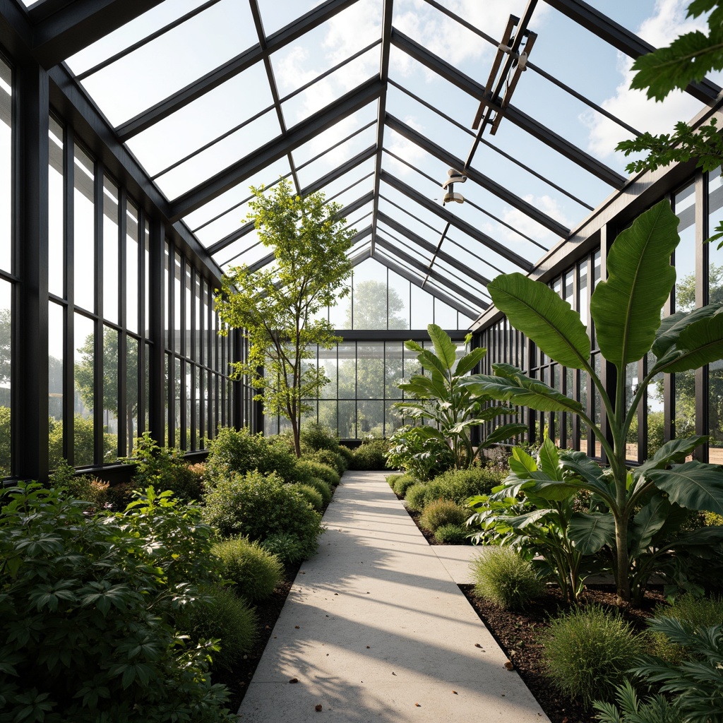 Prompt: Sleek greenhouse structure, transparent glass walls, minimalist steel frames, lush greenery, tropical plants, natural ventilation systems, automated irrigation, modern simplicity, industrial chic aesthetic, reclaimed wood accents, earthy tones, abundant natural light, soft diffused lighting, 1/1 composition, intimate interior spaces, serene ambiance, subtle texture variations, realistic plant details.