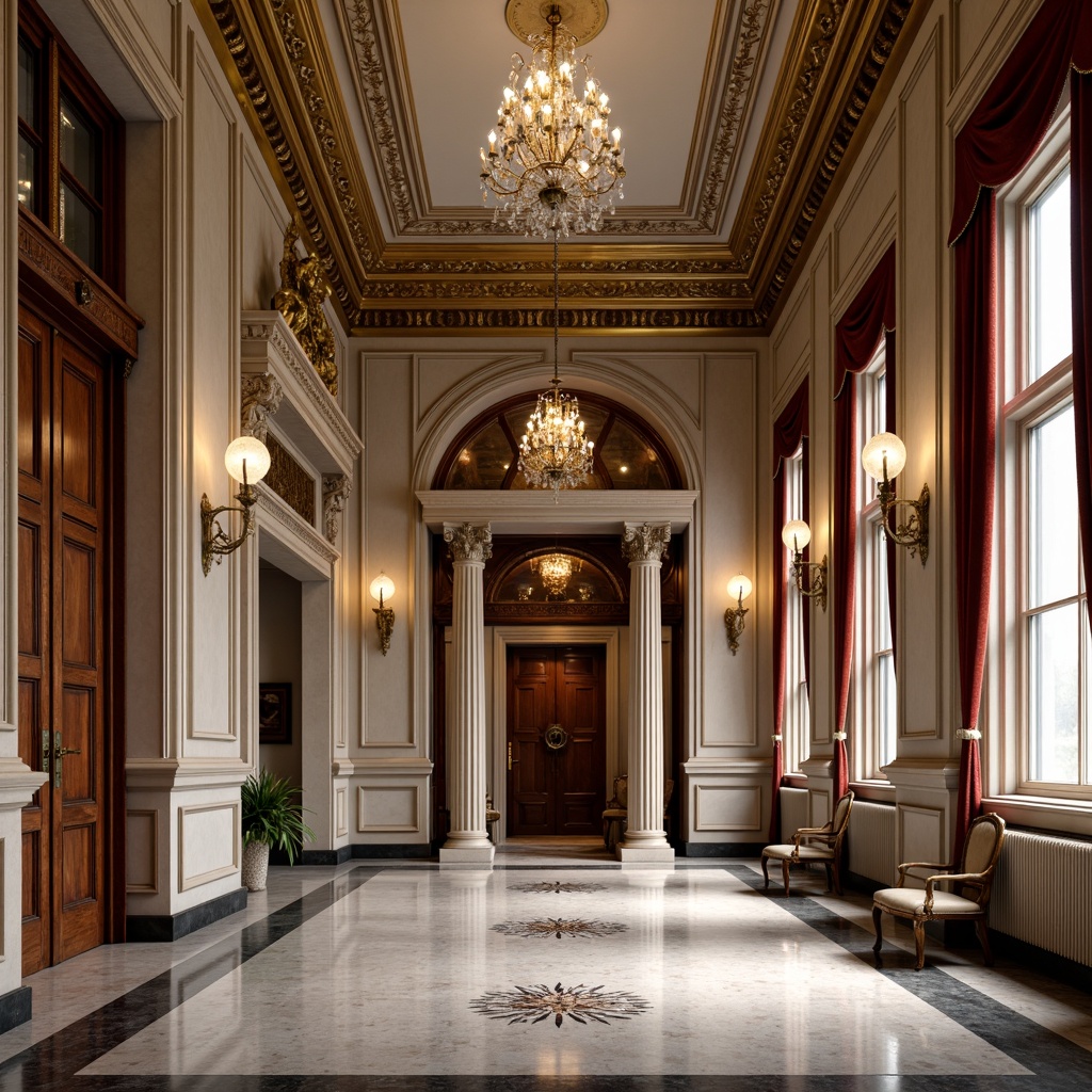 Prompt: Elegant hall interior, neoclassical architecture, high ceiling, ornate moldings, decorative pilasters, marble flooring, polished wooden panels, luxurious velvet fabrics, gilded ornaments, crystal chandeliers, subtle color palette, soft warm lighting, shallow depth of field, 1/1 composition, symmetrical layout, realistic textures, ambient occlusion.