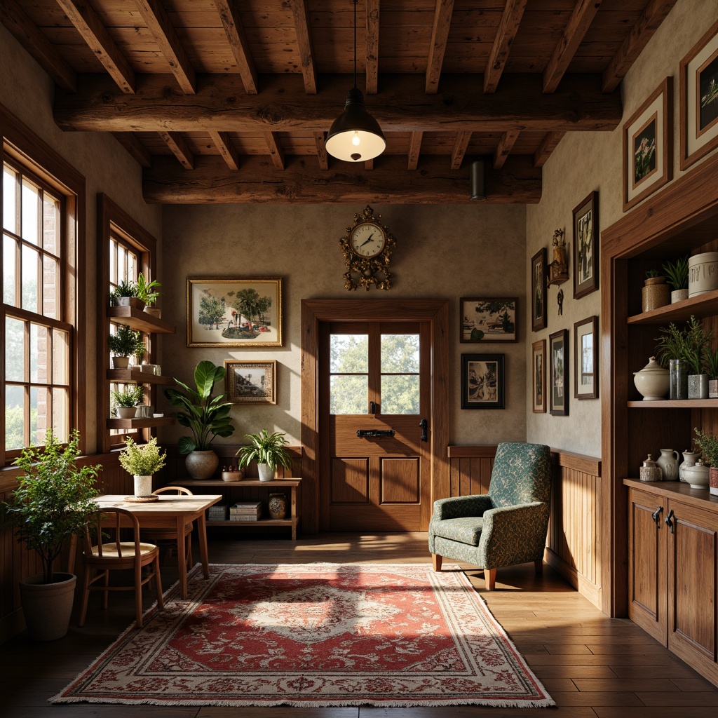 Prompt: Rustic wooden accents, exposed beams, earthy color palette, natural textures, warm cozy atmosphere, traditional craftsmanship, wooden furniture, hand-carved decorations, ornate wooden doors, wooden shelves, built-in cabinetry, wooden flooring, nature-inspired patterns, botanical motifs, vintage educational posters, nostalgic schoolhouse feel, soft warm lighting, shallow depth of field, 3/4 composition, realistic textures, ambient occlusion.