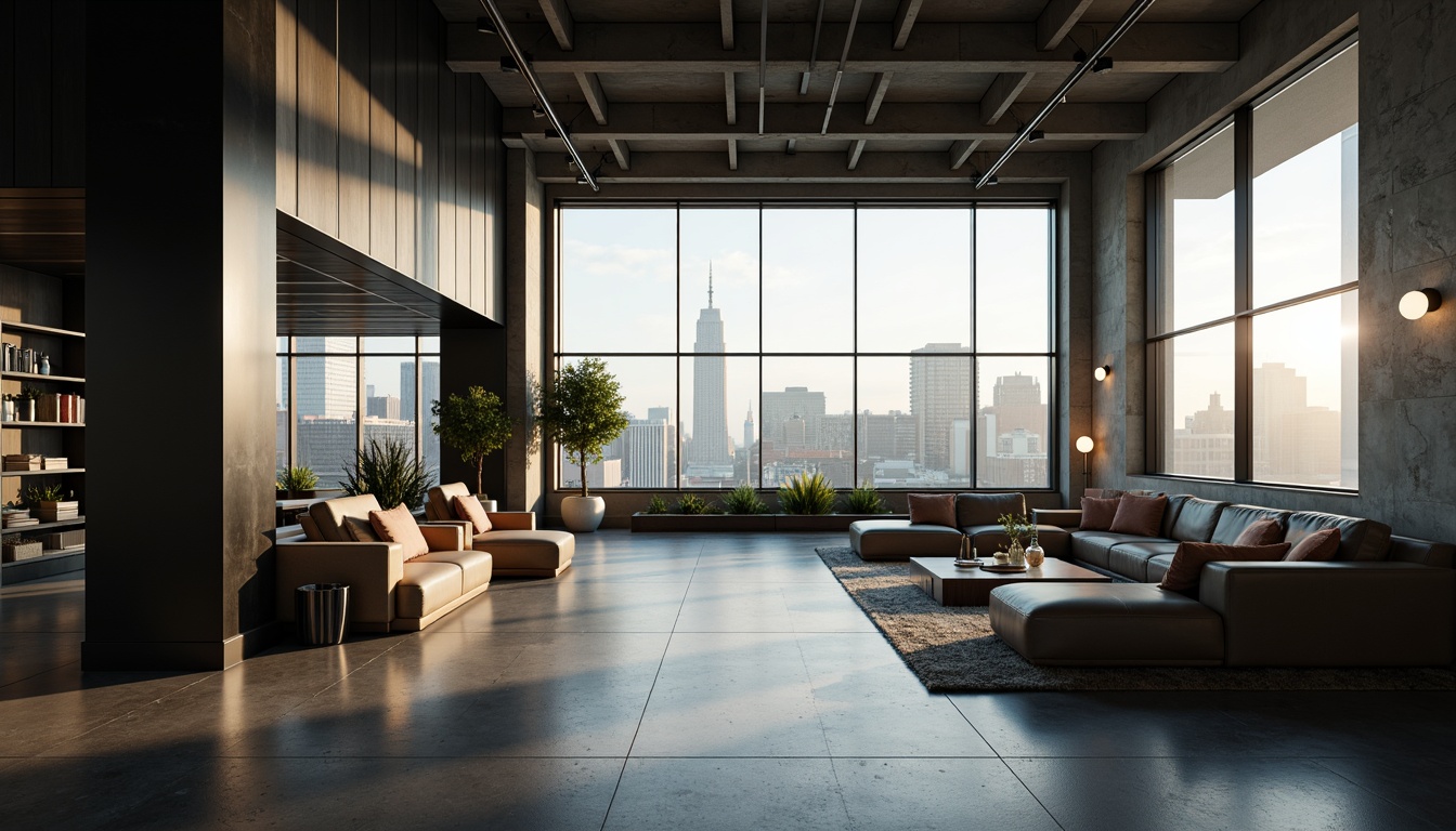 Prompt: Polished chrome accents, matte black surfaces, smooth glass panels, satin nickel trim, high-gloss wood veneers, velvety soft upholstery, minimalist leather textures, industrial metal beams, exposed concrete walls, urban cityscape views, bright morning light, shallow depth of field, 1/2 composition, symmetrical framing, cinematic mood lighting, atmospheric fog effects.