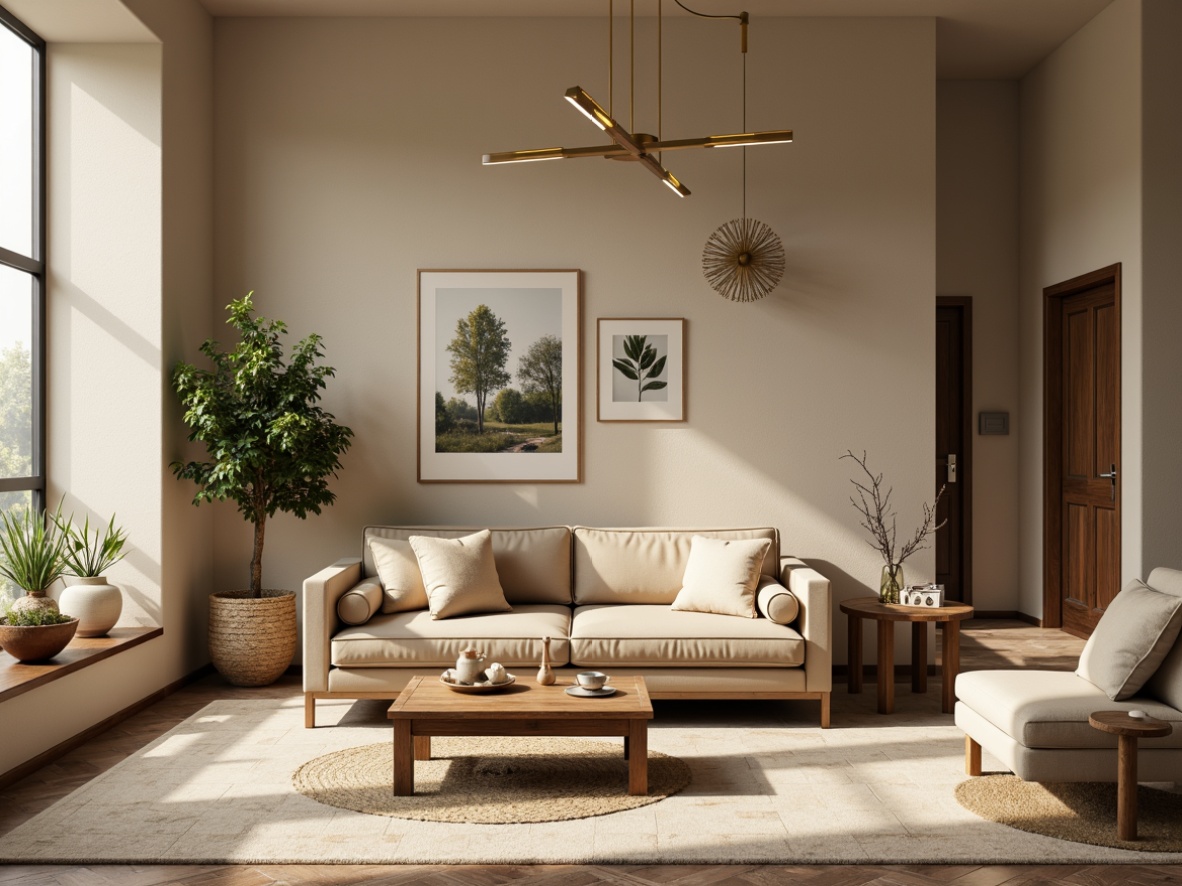 Prompt: Cozy living room, warm beige walls, rich walnut furniture, soft velvet upholstery, golden lighting fixtures, creamy white accents, natural stone flooring, lush greenery, botanical prints, earthy tone ceramics, minimal decor, calm atmosphere, warm neutral color scheme, 1/2 composition, softbox lighting, realistic textures.