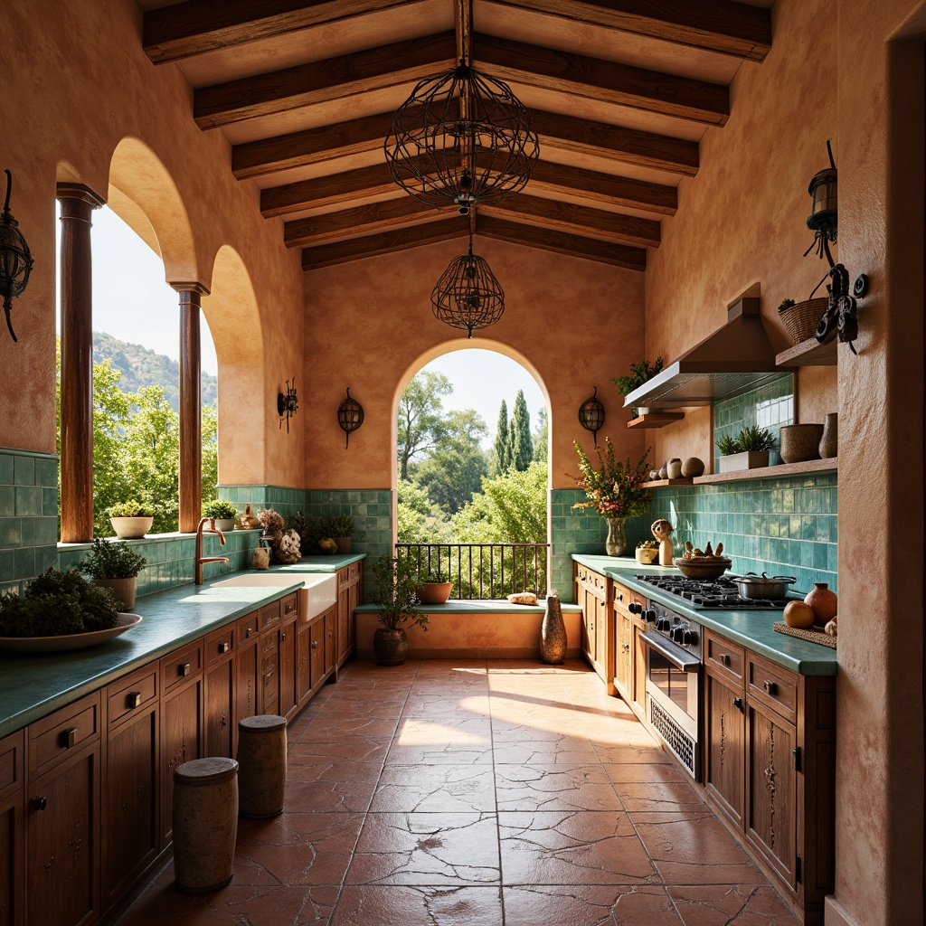 Prompt: Southwestern kitchen, warm terracotta flooring, earthy stonewalls, vibrant turquoise accents, distressed wood cabinets, rustic metal hardware, ornate tile backsplashes, desert-inspired patterns, lush greenery, natural light, sunny day, soft warm lighting, shallow depth of field, 3/4 composition, panoramic view, realistic textures, ambient occlusion.