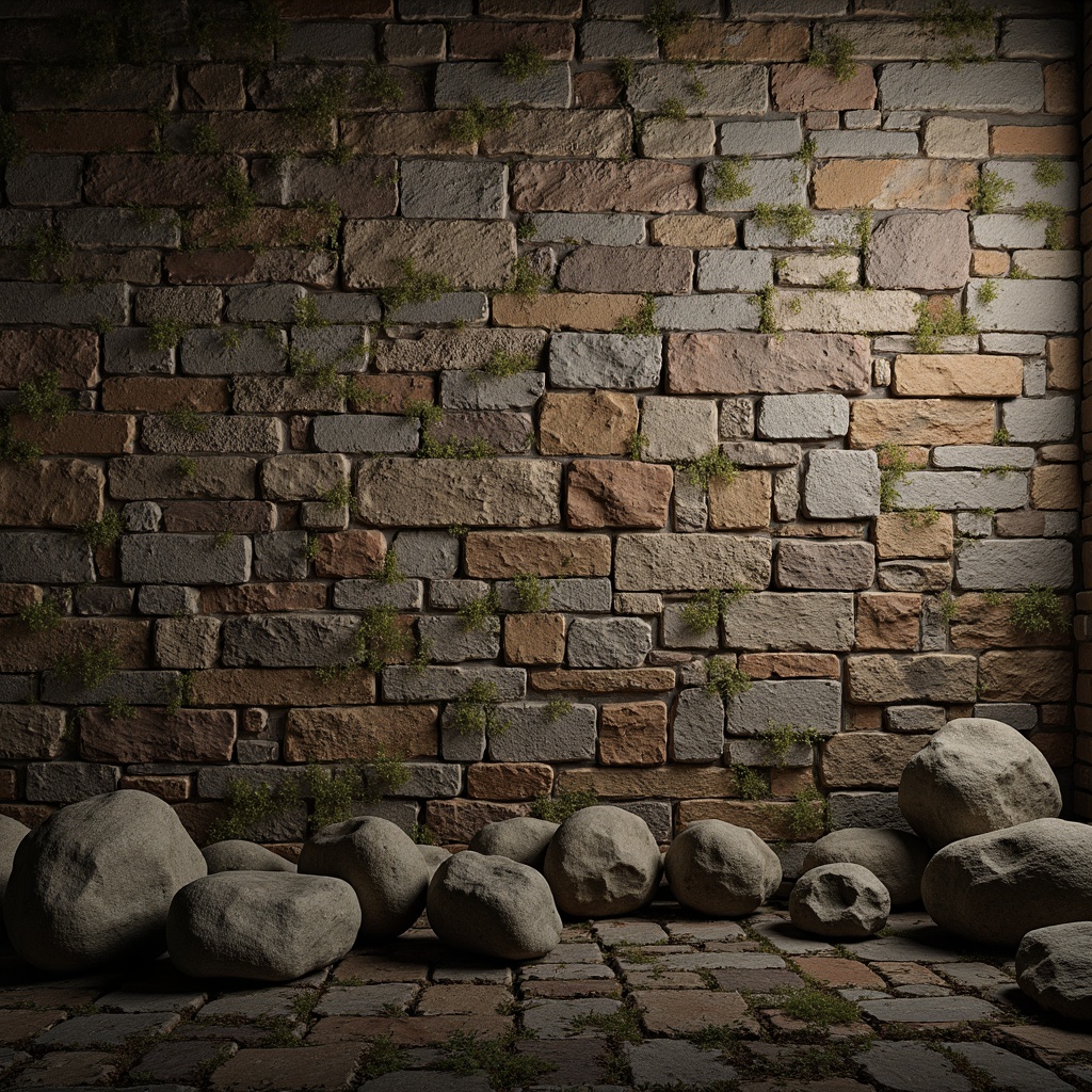 Prompt: Rustic stone walls, distressed textures, earthy tones, natural cracks, worn-out surfaces, aged mortar joints, moss-covered stones, weathered brick facades, crumbling edges, rough-hewn rocks, dramatic shadows, low-key lighting, high-contrast ratios, atmospheric perspective, realistic normal maps, detailed displacement maps, cinematic close-ups, shallow depth of field, 2.5D projection mapping, ambient occlusion.