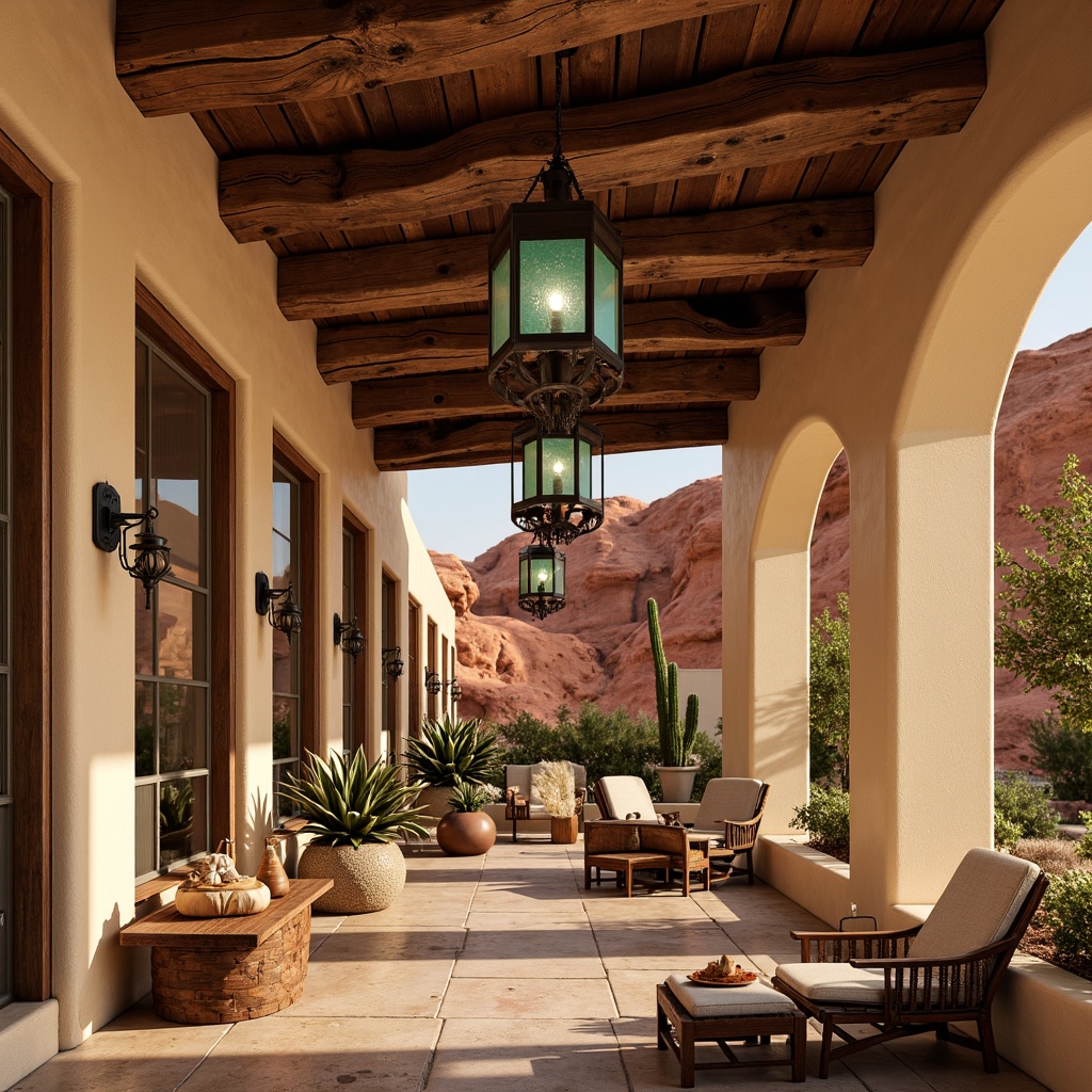 Prompt: Southwestern-style interior, warm earthy tones, rustic wooden accents, wrought iron chandeliers, pendant lights with turquoise glass shades, lantern-inspired sconces, distressed metal finishes, natural linen shades, woven rattan details, desert botanicals, cactus silhouettes, vibrant red rock formations, sandy beige walls, adobe-style architecture, warm golden lighting, soft ambient glow, 1/2 composition, shallow depth of field, realistic textures.