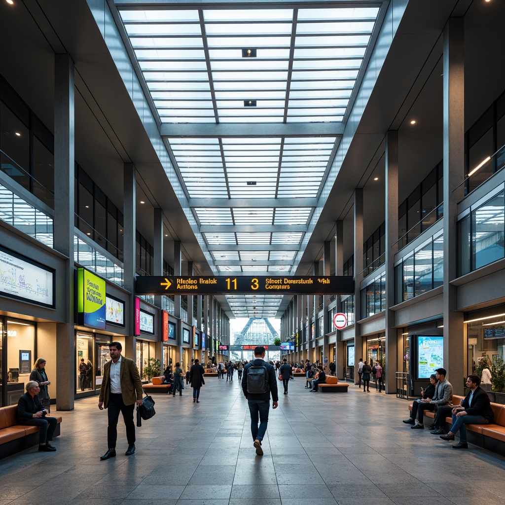 Prompt: Modern train station, sleek glass roofs, stainless steel beams, bustling pedestrian traffic, clear wayfinding signage, vibrant color-coded directions, intuitive map displays, real-time departure boards, digital information screens, comfortable seating areas, natural stone flooring, ample lighting, shallow depth of field, 3/4 composition, panoramic view, realistic textures, ambient occlusion.