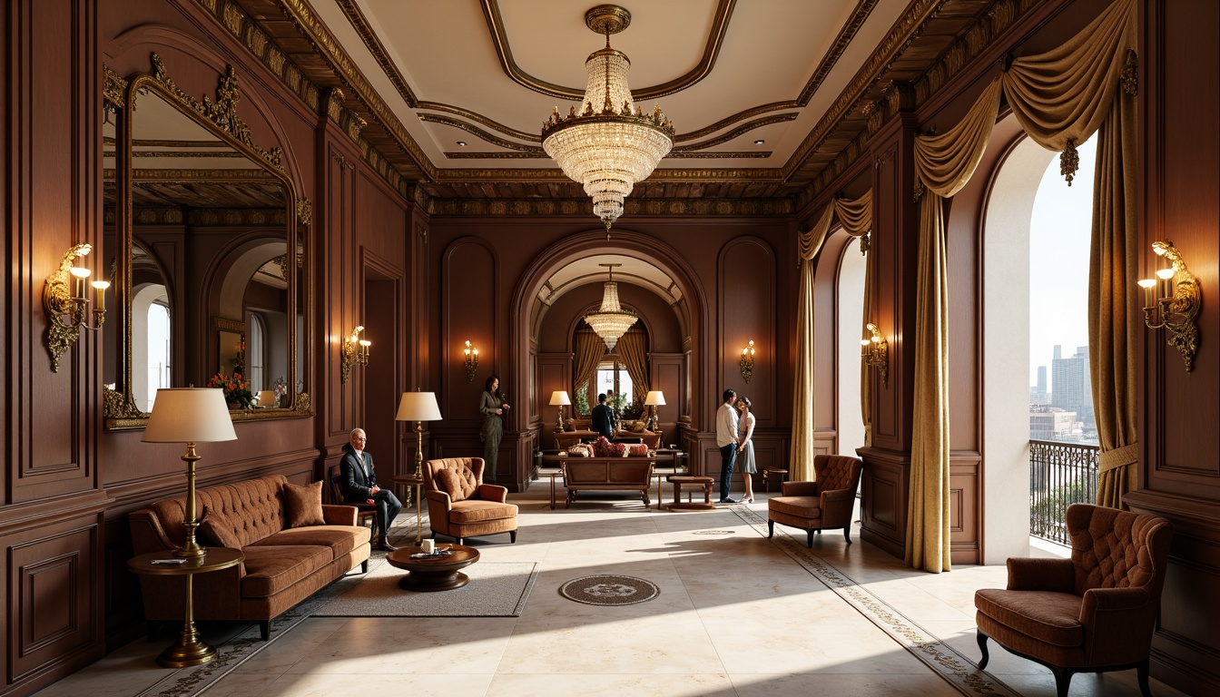 Prompt: Elegant neoclassical interior, luxurious furnishings, ornate carvings, curved silhouettes, velvet upholstery, golden accents, crystal chandeliers, marble floors, intricate moldings, stately columns, grandiose archways, rich wood tones, tufted sofas, wingback chairs, ornamental mirrors, lavish drapery, subtle lighting, warm color palette, 1/1 composition, shallow depth of field, realistic textures.