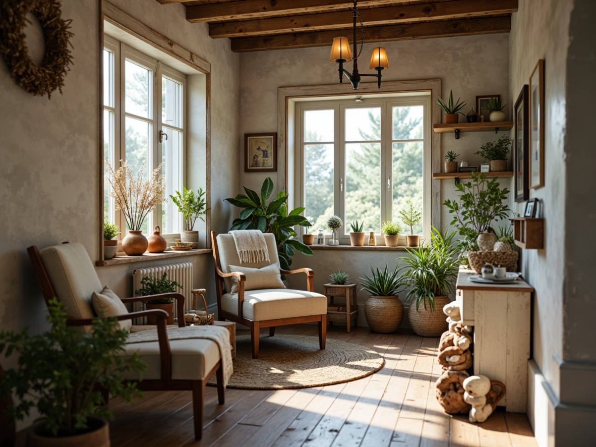 Prompt: Rustic farmhouse, vintage charm, earthy tones, weathered wood, distressed finishes, soft creamy whites, warm beige, muted greens, faded blues, natural textures, woven baskets, potted plants, cozy throw blankets, warm candlelight, shallow depth of field, 1/1 composition, intimate atmosphere.