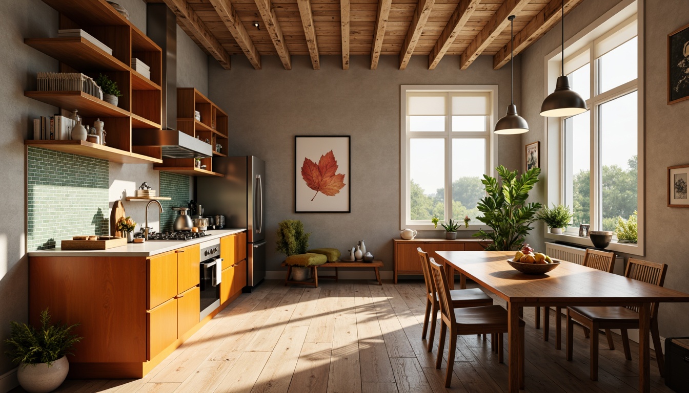 Prompt: Vibrant kitchen interior, sleek countertops, glossy cabinets, modern appliances, elegant faucet, subway tiles, glass mosaic backsplash, stainless steel range hood, pendant lighting, warm wooden flooring, natural stone walls, earthy color scheme, soft morning light, shallow depth of field, 1/1 composition, realistic textures, ambient occlusion.