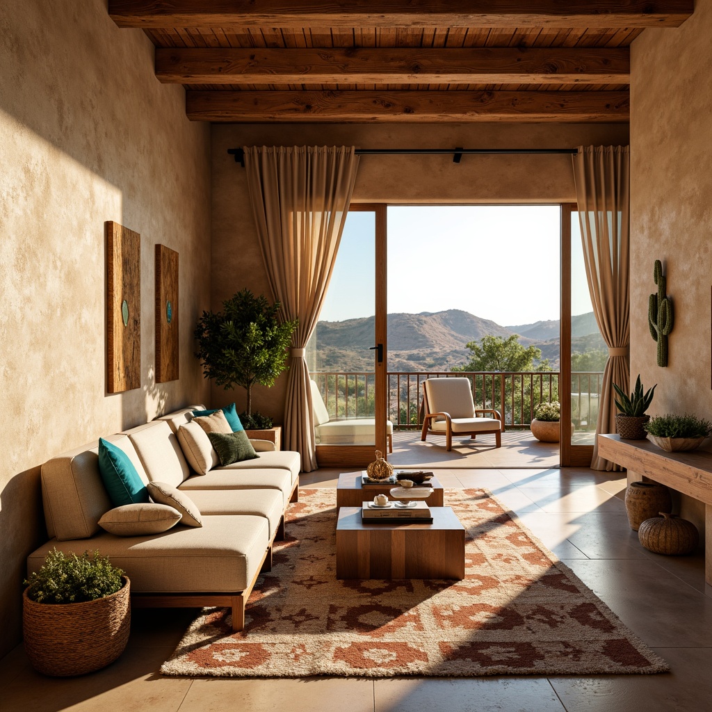 Prompt: \Earthy southwestern apartment, textured walls with adobe patterns, warm beige stucco exterior, rustic wooden accents, vibrant turquoise decorations, woven Navajo-inspired rugs, plush sectional sofas, natural linen drapes, desert botanicals, cacti arrangements, sun-drenched balcony, panoramic views of sandy dunes, warm golden lighting, soft focus, shallow depth of field, 1/2 composition, realistic textures, ambient occlusion.\