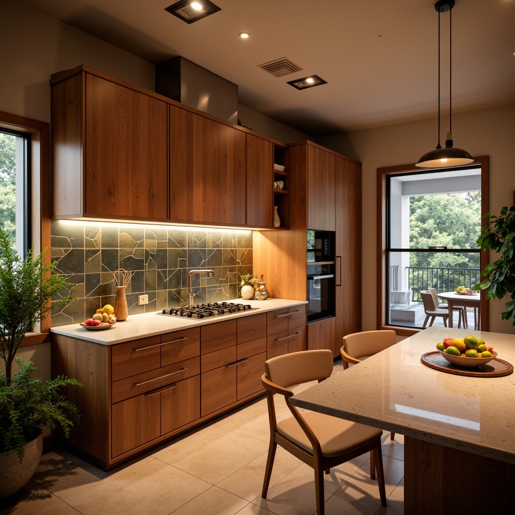 Prompt: Vibrant kitchen, warm lighting, natural stone countertops, modern cabinetry, stainless steel appliances, glass tile backsplash, geometric patterns, earthy tones, soft focus, shallow depth of field, 1/1 composition, realistic textures, ambient occlusion.