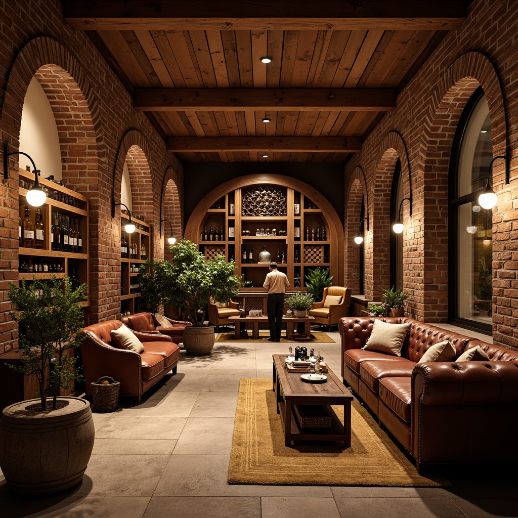 Prompt: Rustic wine cellar, craftsman style, wooden wine racks, reclaimed wood accents, earthy color palette, warm ambient lighting, natural stone flooring, brick archways, wooden barrels, vintage wine making equipment, rich leather furniture, ornate metalwork, dimly lit atmosphere, shallow depth of field, 1/2 composition, soft focus, realistic textures, subtle grain.