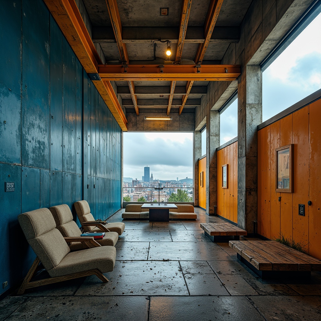 Prompt: Exposed concrete walls, rugged stone floors, industrial metal beams, brutalist architectural style, intense natural light, dramatic shadows, bold color accents, deep blue tones, vibrant orange hues, neutral beige surfaces, weathered wooden benches, distressed metal equipment, urban cityscape views, cloudy grey skies, high-contrast lighting, cinematic composition, gritty textures, atmospheric fog effects.