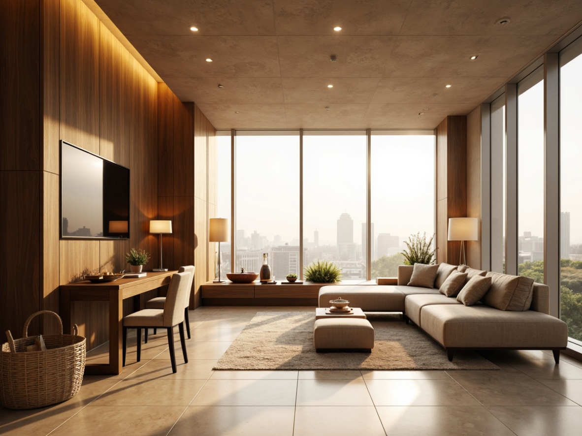 Prompt: Luxurious penthouse interior, rich wood tones, warm beige walls, creamy marble floors, sleek metallic accents, soft golden lighting, floor-to-ceiling windows, panoramic city views, modern minimalist furniture, plush velvet upholstery, subtle patterned rugs, sophisticated neutral color scheme, calming atmospheric ambiance, realistic reflections, shallow depth of field, 1/2 composition, dramatic chiaroscuro.