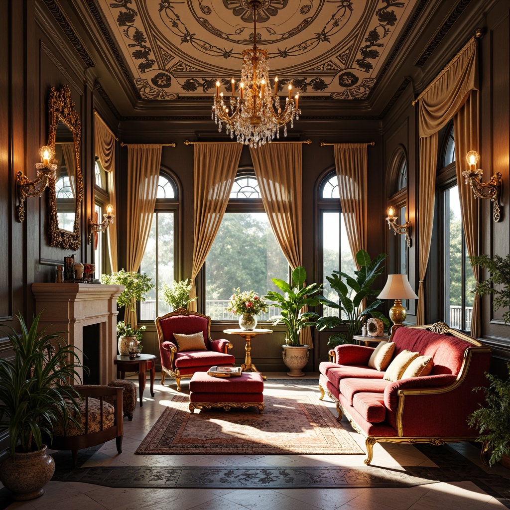 Prompt: Ornate sunroom, lavish furnishings, rich velvet fabrics, intricately carved wooden furniture, gilded accents, ornamental mirrors, crystal chandeliers, luxurious drapes, golden sconces, marble floors, ornate plaster ceilings, vibrant flower arrangements, natural daylight, warm soft lighting, subtle shadows, 1/1 composition, intimate atmosphere, realistic textures, ambient occlusion.