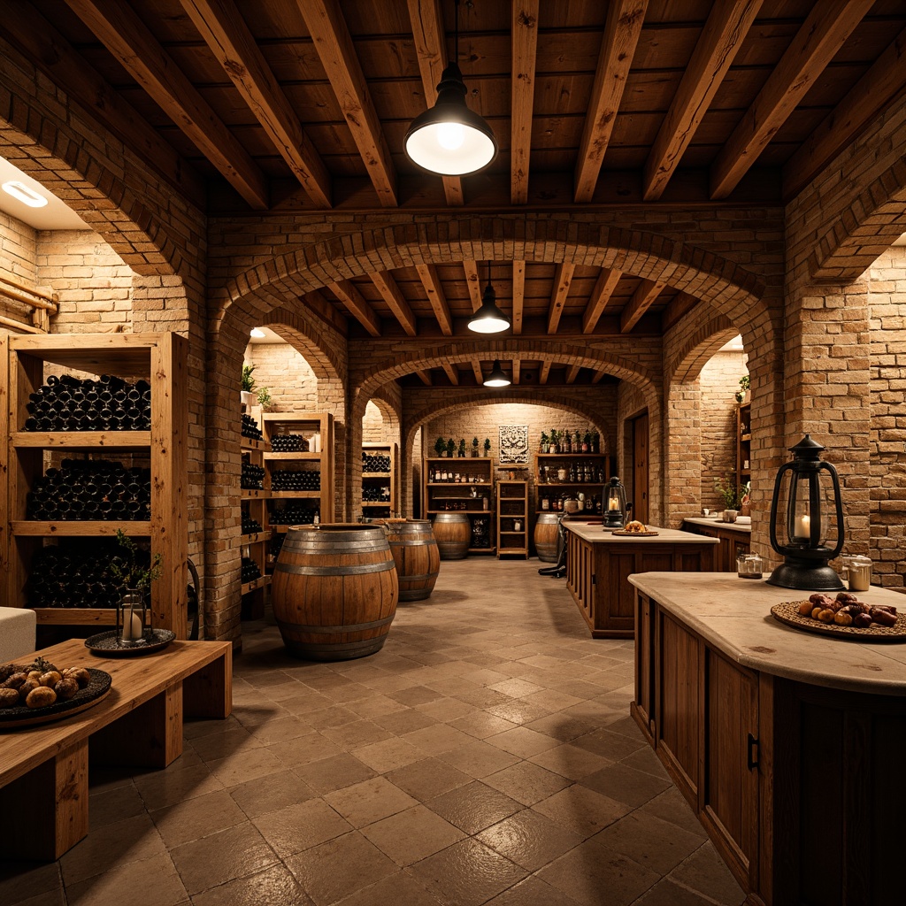 Prompt: Rustic wooden wine cellar, reclaimed oak barrels, stone walls, earthy tone flooring, wrought iron racks, dim warm lighting, rich wood accents, natural stone countertops, vintage metal lanterns, distressed leather furniture, brick archways, cozy intimate atmosphere, soft golden glow, shallow depth of field, 2/3 composition, realistic textures, ambient occlusion.