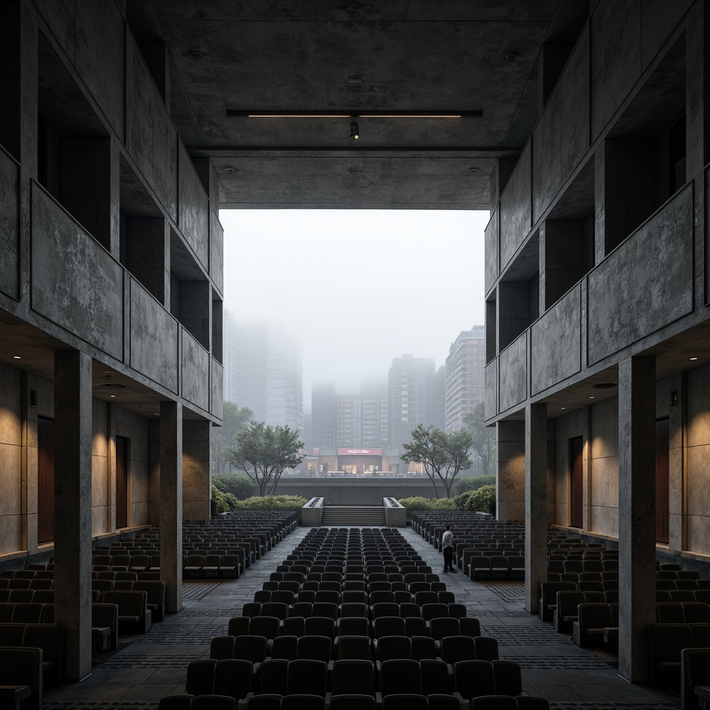 Prompt: Brutalist auditorium, concrete architecture, raw unfinished surfaces, exposed ductwork, industrial pipes, minimalist seating, cold harsh lighting, dramatic shadows, steeply pitched roofs, angular lines, monumental scale, urban context, cityscape views, dense foggy atmosphere, misty morning light, cinematic composition, high contrast ratio, 1/2 composition, symmetrical framing.