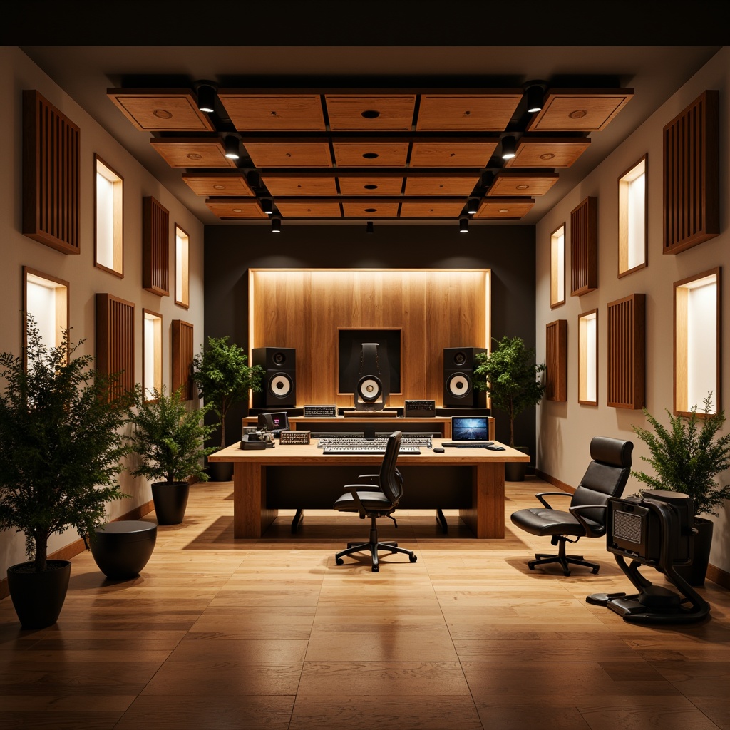 Prompt: Soundproof recording studio, professional audio equipment, acoustic panels, wooden diffusers, soft padded walls, dimmable LED lighting, sound-absorbing materials, minimalist interior design, ergonomic chairs, desktop consoles, microphone stands, isolated vocal booths, warm ambient lighting, shallow depth of field, 1/1 composition, realistic textures, ambient occlusion.