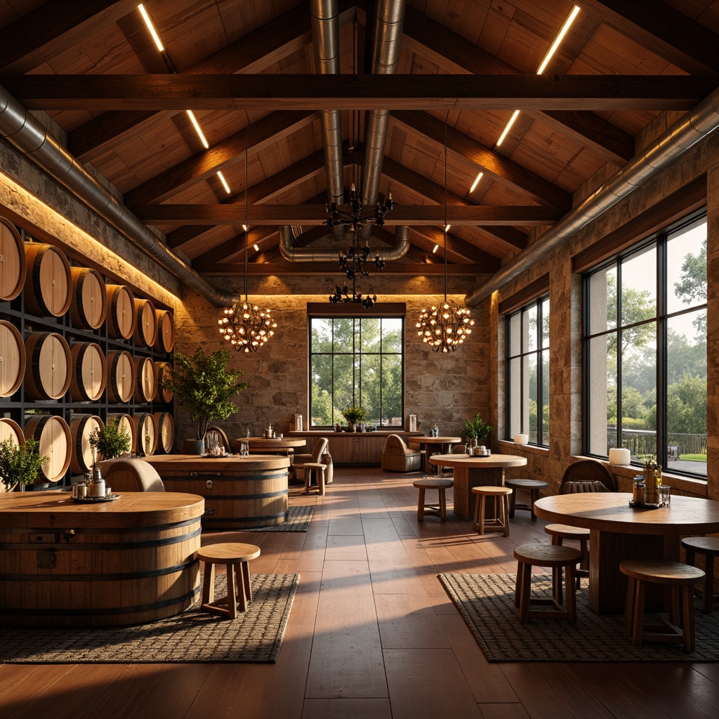 Prompt: Cozy winery interior, rustic wooden barrels, dimmable warm lighting, soft golden glow, earthy tones, stone walls, wooden accents, elegant chandeliers, pendant lamps, ambient lighting, subtle shadows, rich wood textures, comfortable seating areas, wine tasting tables, modern minimalist decor, sophisticated color palette, natural materials, industrial chic elements, exposed ductwork, metal beams, large windows, vineyard views, soft focus, shallow depth of field, 1/1 composition, warm color temperature.