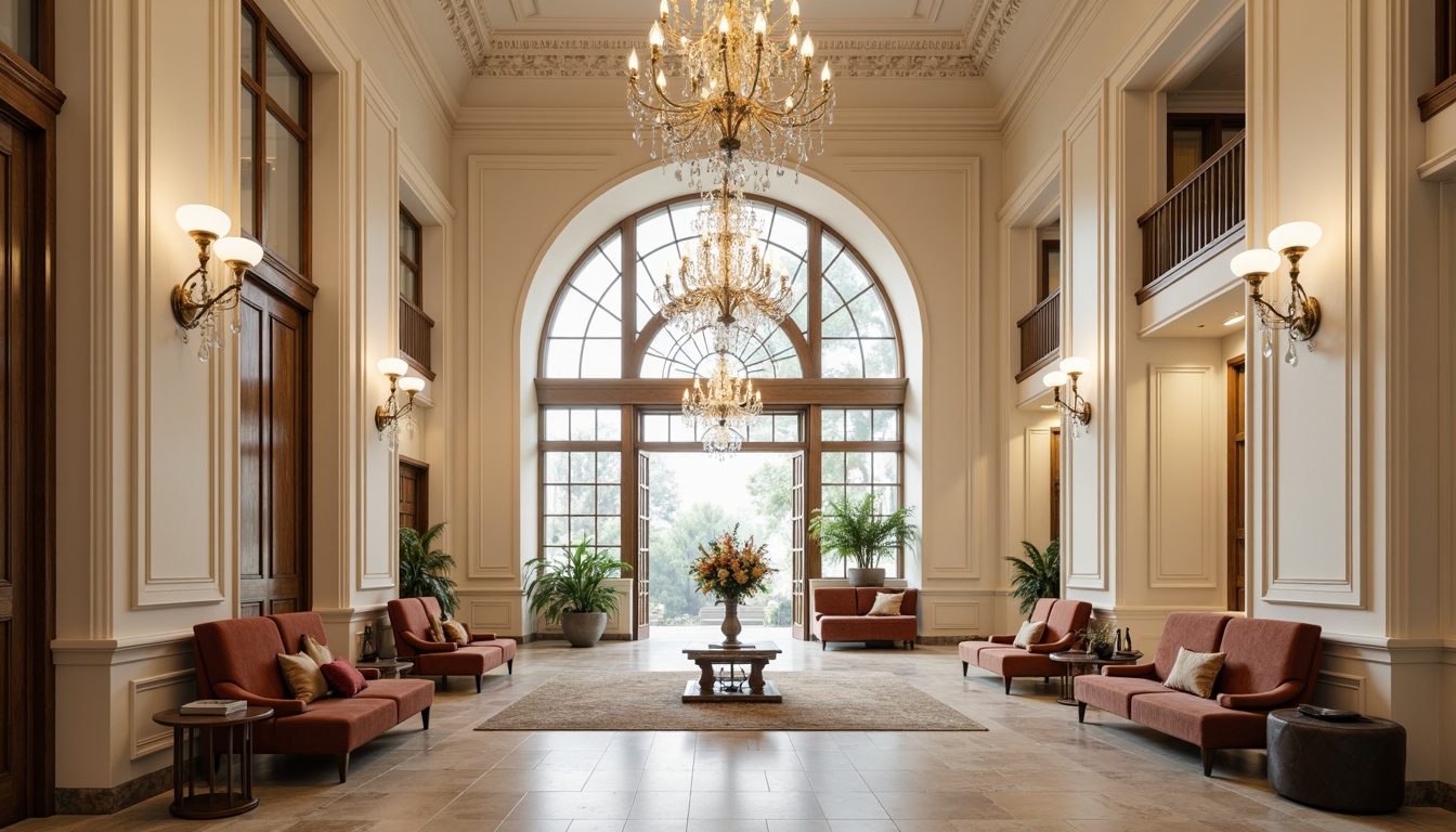 Prompt: Elegant neoclassical interior, ornate glass chandeliers, crystal-clear pendant lights, polished chrome accents, lavish furnishings, tufted upholstery, rich velvet fabrics, intricate molding details, high ceilings, grand archways, marble flooring, subtle cream hues, soft warm lighting, shallow depth of field, 1/1 composition, realistic textures, ambient occlusion.