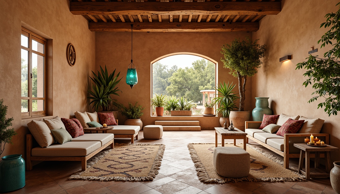 Prompt: Vibrant Southwestern interior, warm earthy tones, rustic wooden accents, woven textiles, natural fiber rugs, distressed metal fixtures, pendant lamps, candles, lanterns, geometric patterns, bright turquoise glass, sandy beige walls, rustic wooden beams, sun-drenched windows, soft warm lighting, shallow depth of field, 3/4 composition, realistic textures, ambient occlusion.