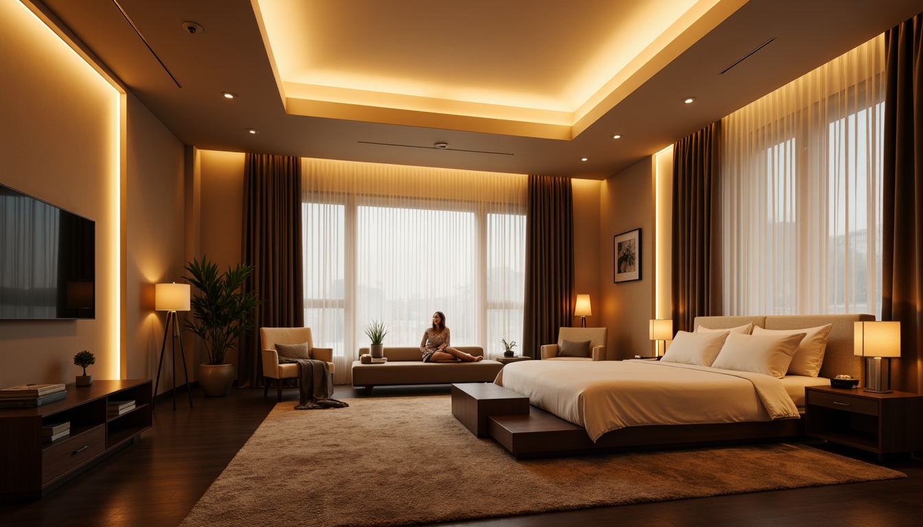 Prompt: Soft warm glow, LED strip lights, minimalist ceiling fixtures, recessed lighting, floor lamps, table lamps, warm beige walls, dark wood furniture, plush carpets, comfortable bedding, calming ambiance, relaxing atmosphere, cozy reading nook, floor-to-ceiling windows, natural light, sheer curtains, subtle shadows, 1/1 composition, softbox lighting, realistic textures, ambient occlusion.