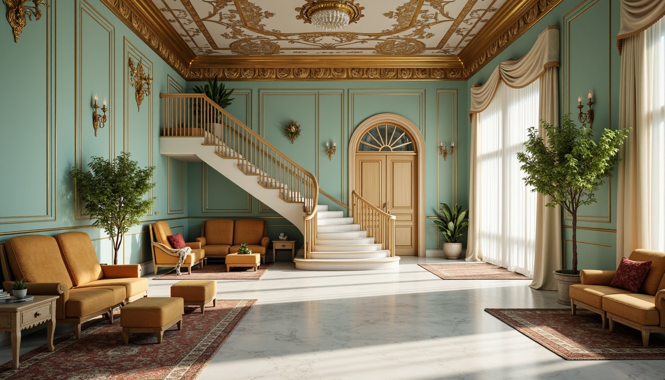 Prompt: Soft mint walls, ornate gold accents, lavish velvet fabrics, intricately carved wooden furnishings, delicate crystal chandeliers, elegant archways, grandiose staircases, refined marble floors, lavish floral patterns, subtle fresco ceilings, warm candlelight, shallow depth of field, 1/1 composition, soft focus, realistic textures, ambient occlusion.