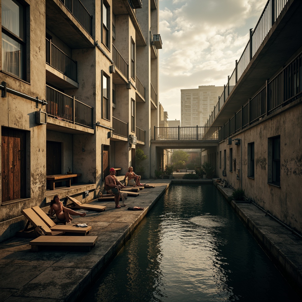 Prompt: Rustic concrete walls, metallic accents, exposed pipes, industrial-style lighting, urban landscape, abandoned factory backdrop, distressed wood decking, weathered steel fences, murky waters, dark grey stone surroundings, worn-out machinery, vintage diving boards, retro-inspired swim caps, moody atmospheric mist, warm golden hour lighting, high-contrast composition, cinematic shallow depth of field.