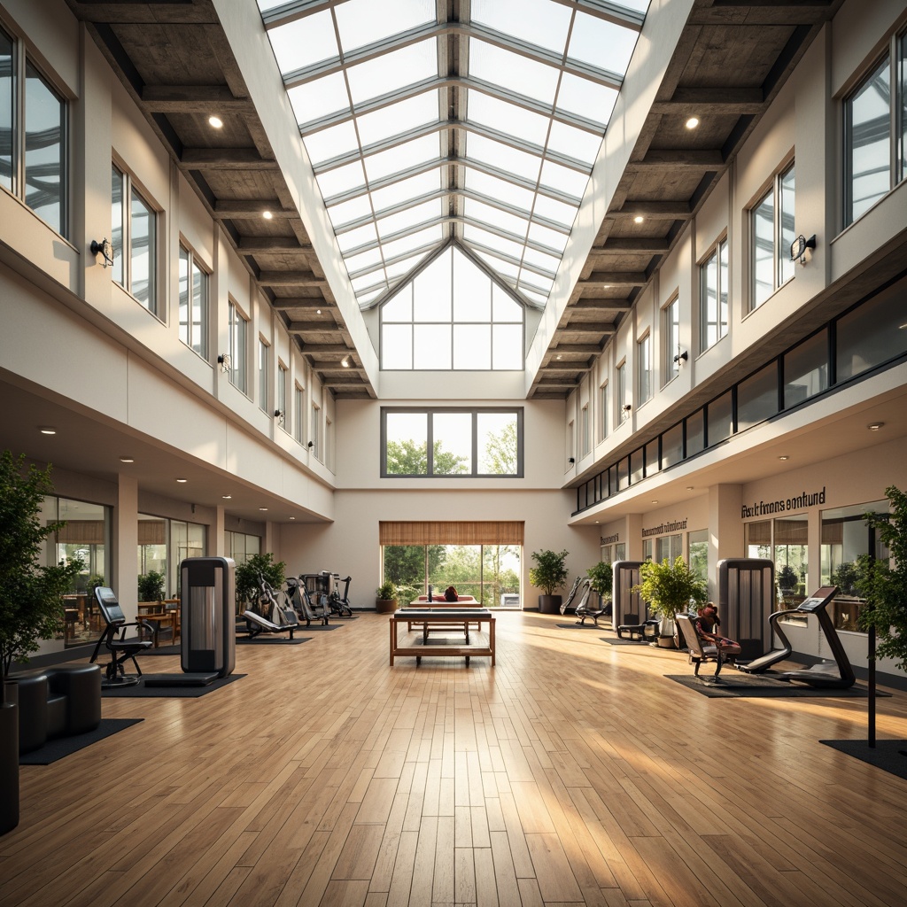 Prompt: Bright gymnasium interior, natural light pouring in, large skylights, clerestory windows, high ceilings, exposed ductwork, polished wooden floors, minimalist equipment stations, modern exercise machines, free weights area, mirrored walls, motivational quotes, green plants, soft warm lighting, shallow depth of field, 1/1 composition, realistic textures, ambient occlusion.