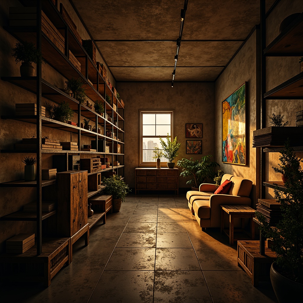 Prompt: Dramatic storage room, expressionist architecture, bold color palette, dimly lit atmosphere, warm golden lighting, industrial metal shelves, reclaimed wood accents, distressed textures, mysterious shadows, abstract art pieces, avant-garde decor, eclectic furniture, unconventional storage solutions, moody color grading, high contrast ratio, cinematic composition, dramatic spotlighting.