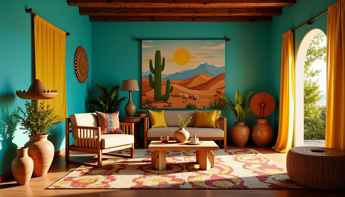 Prompt: Vibrant turquoise walls, woven Navajo-inspired rug, colorful pottery vases, playful cactus-shaped table lamps, warm golden lighting, rustic wooden ceiling beams, lively sombrero-hat decorative accents, sunny yellow curtains, festive pi\u00f1ata-themed decor, whimsical desert landscape wall mural, soft warm glow, shallow depth of field, 1/2 composition, realistic textures, ambient occlusion.